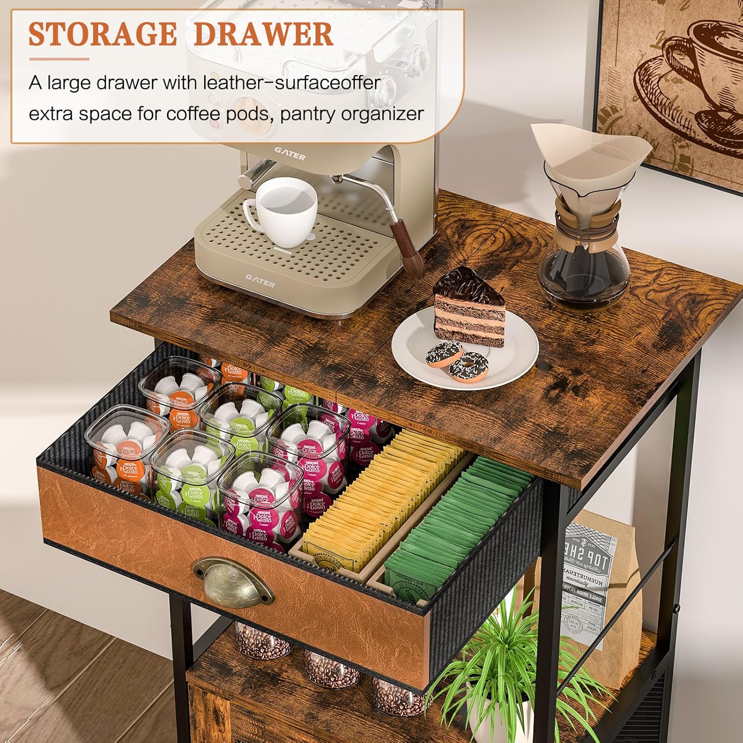 X-cosrack Coffee Bar Station, 3-Tier Small Coffee Stand Station with Storage, Farmhouse-Style Coffee Bar Cabinet Featuring 1-Door Cabinet Ideal for Living Room, Entryway, Kitchen - Grand Goldman