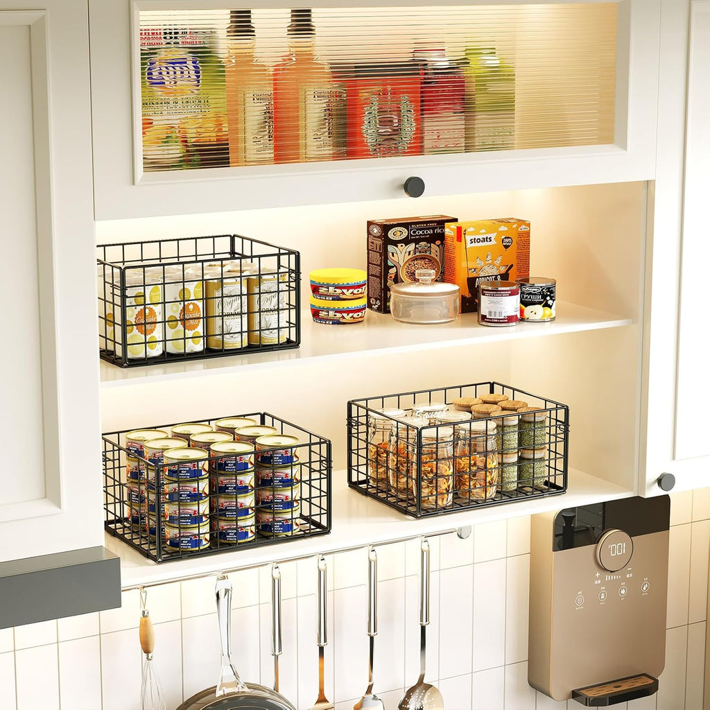 X-cosrack Metal Wire Basket Organizer Foldable & Wall Mounted Freezer Organizer Bins with Handles 4 Pack- Extra Large Mesh Bins for Pantry Organization Kitchen Laundry Closet Garage Patent Design - Grand Goldman