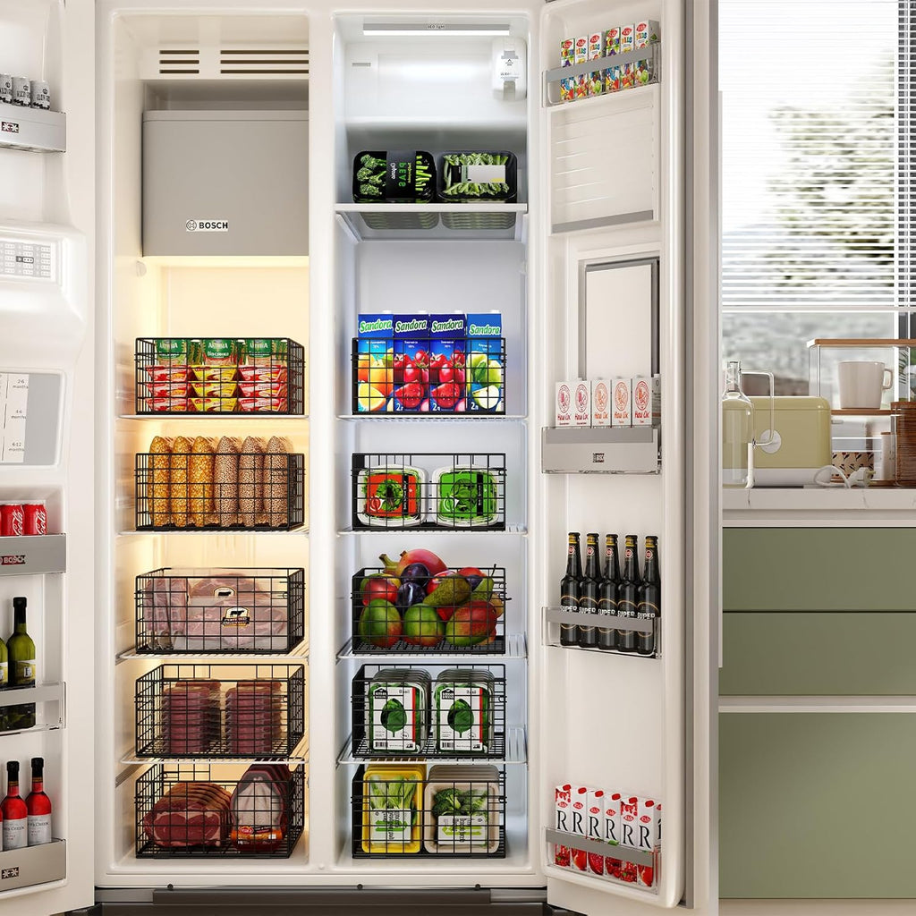 X-cosrack Metal Wire Basket Organizer Foldable & Wall Mounted Freezer Organizer Bins with Handles 4 Pack- Extra Large Mesh Bins for Pantry Organization Kitchen Laundry Closet Garage Patent Design - Grand Goldman