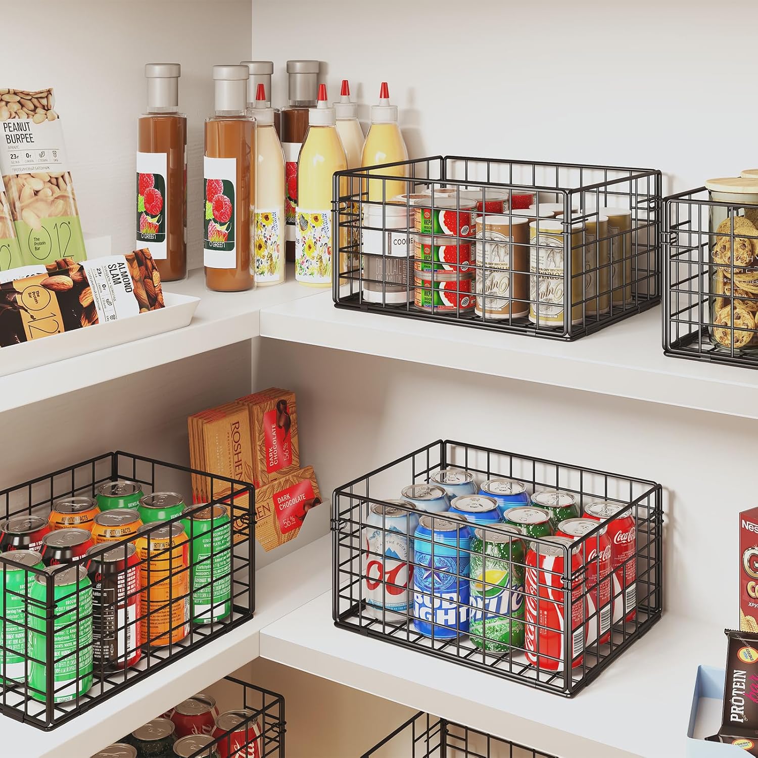 X-cosrack Metal Wire Basket Organizer Foldable & Wall Mounted Freezer Organizer Bins with Handles 4 Pack- Extra Large Mesh Bins for Pantry Organization Kitchen Laundry Closet Garage Patent Design - Grand Goldman