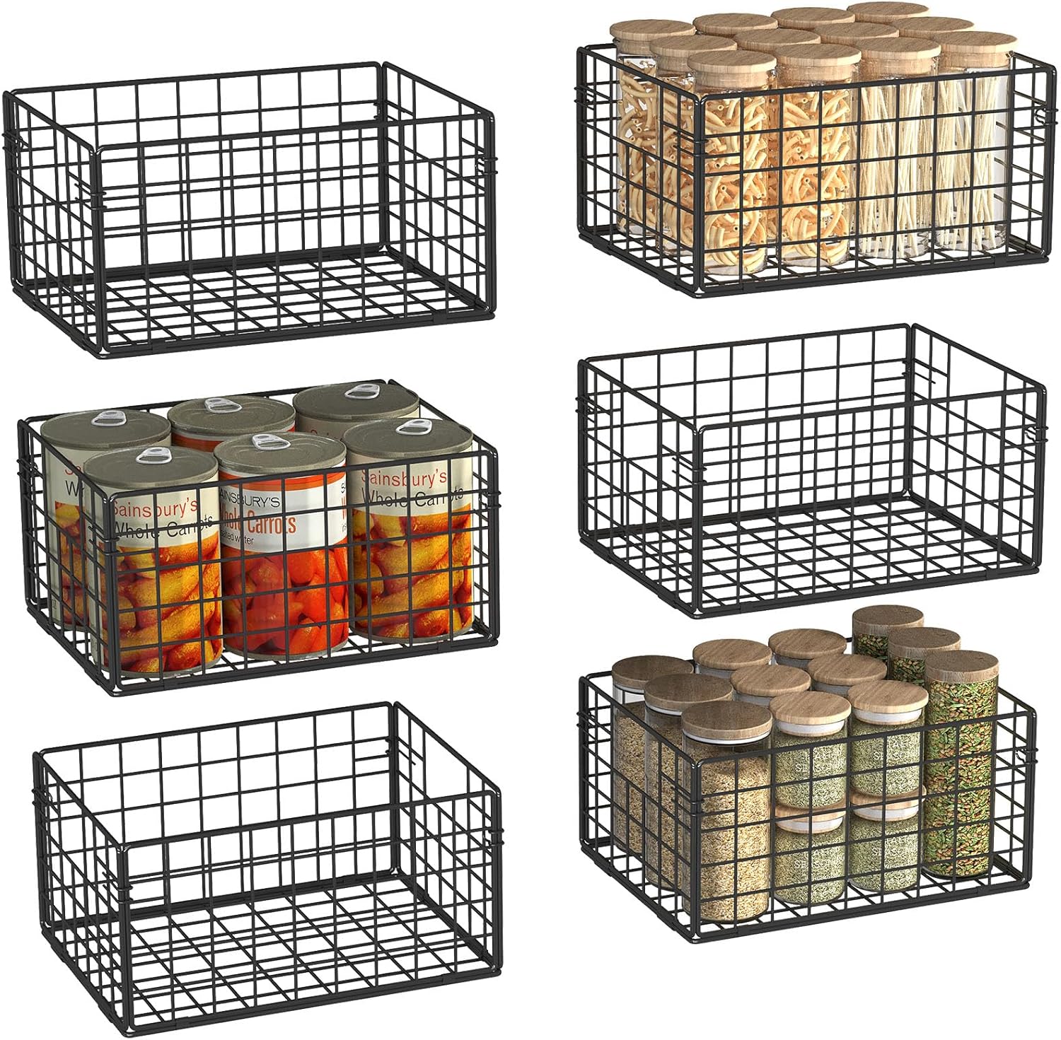 X-cosrack Metal Wire Basket Pantry Basket Foldable Cabinet Organizer with Handles-6 Pack-12"x9"X6", Food Storage Freezer Organizer Bins for Kitchen Bathroom Laundry Closet Garage - Patent Design - Grand Goldman
