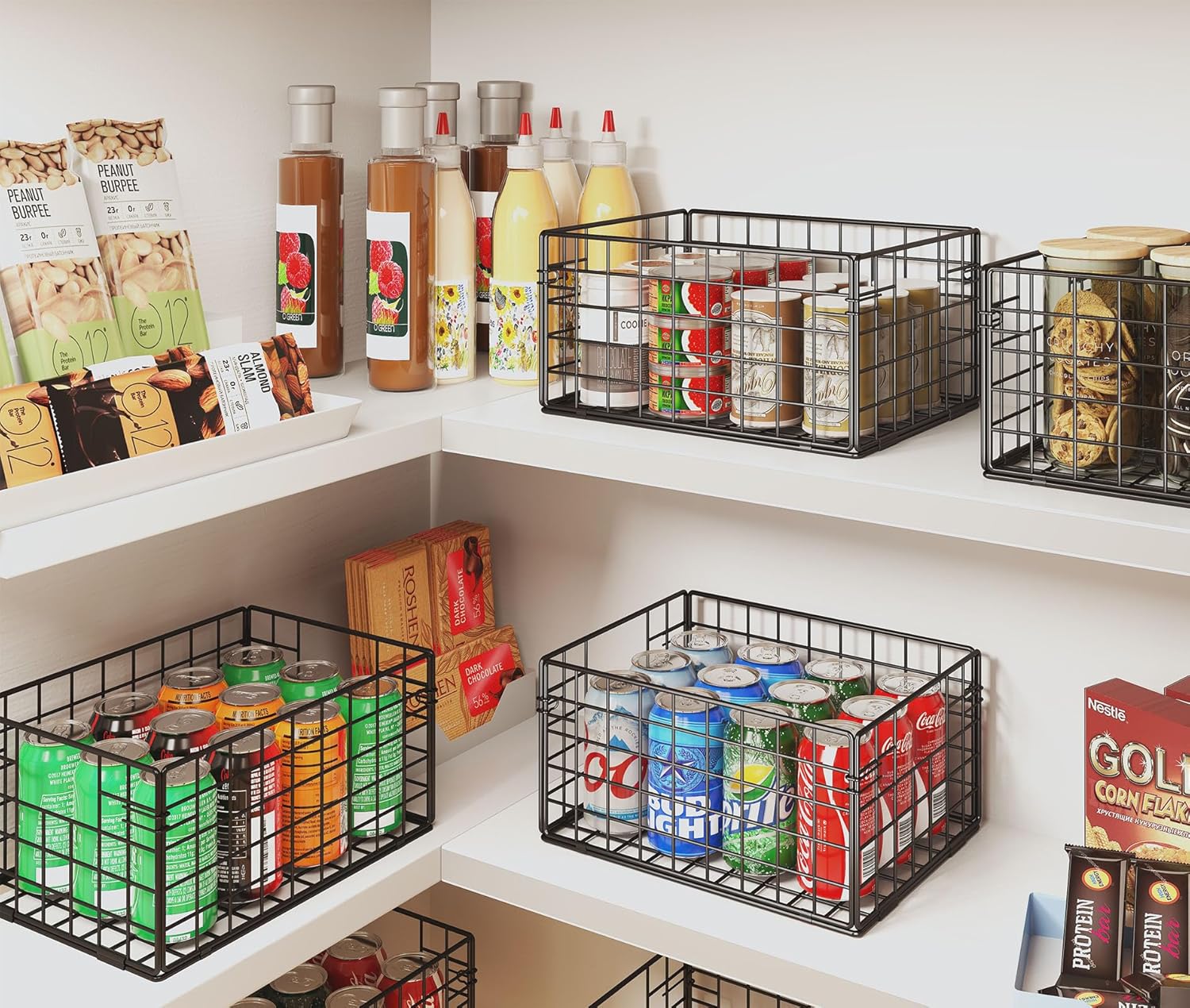 X-cosrack Metal Wire Basket Pantry Basket Foldable Cabinet Organizer with Handles-6 Pack-12"x9"X6", Food Storage Freezer Organizer Bins for Kitchen Bathroom Laundry Closet Garage - Patent Design - Grand Goldman