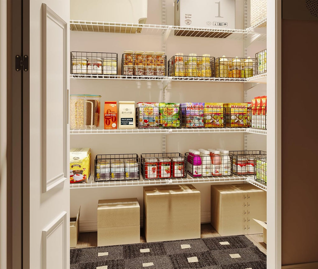 X-cosrack Metal Wire Basket Pantry Basket Foldable Cabinet Organizer with Handles-6 Pack-12"x9"X6", Food Storage Freezer Organizer Bins for Kitchen Bathroom Laundry Closet Garage - Patent Design - Grand Goldman