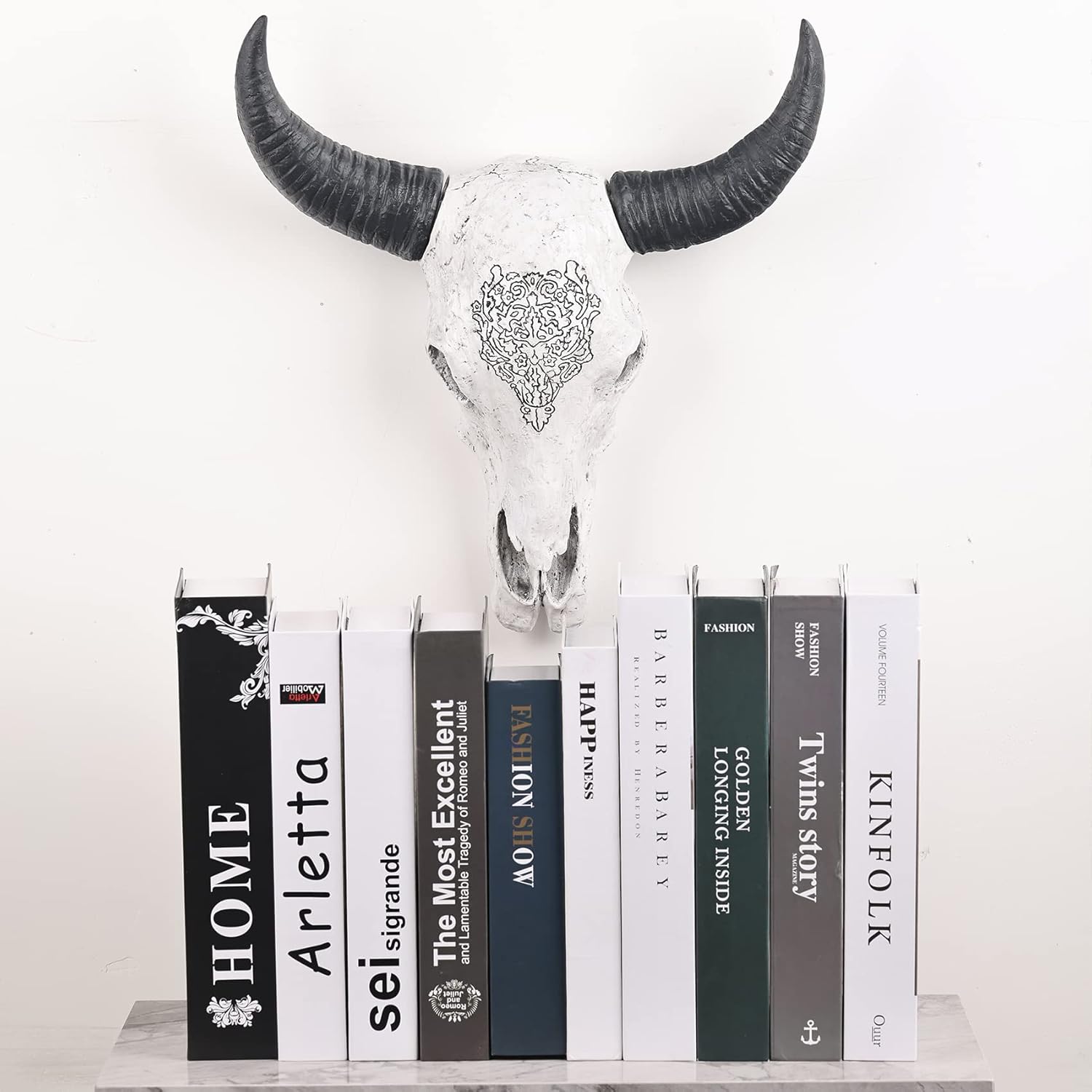 XINGYAN Resin Bull Head Ox Skull Head Wall Decor Longhorn Skull Sculptures Plaque Art Crafts Ornaments Horns Statue Hanging Art for Home Decoration (Model A) - Grand Goldman