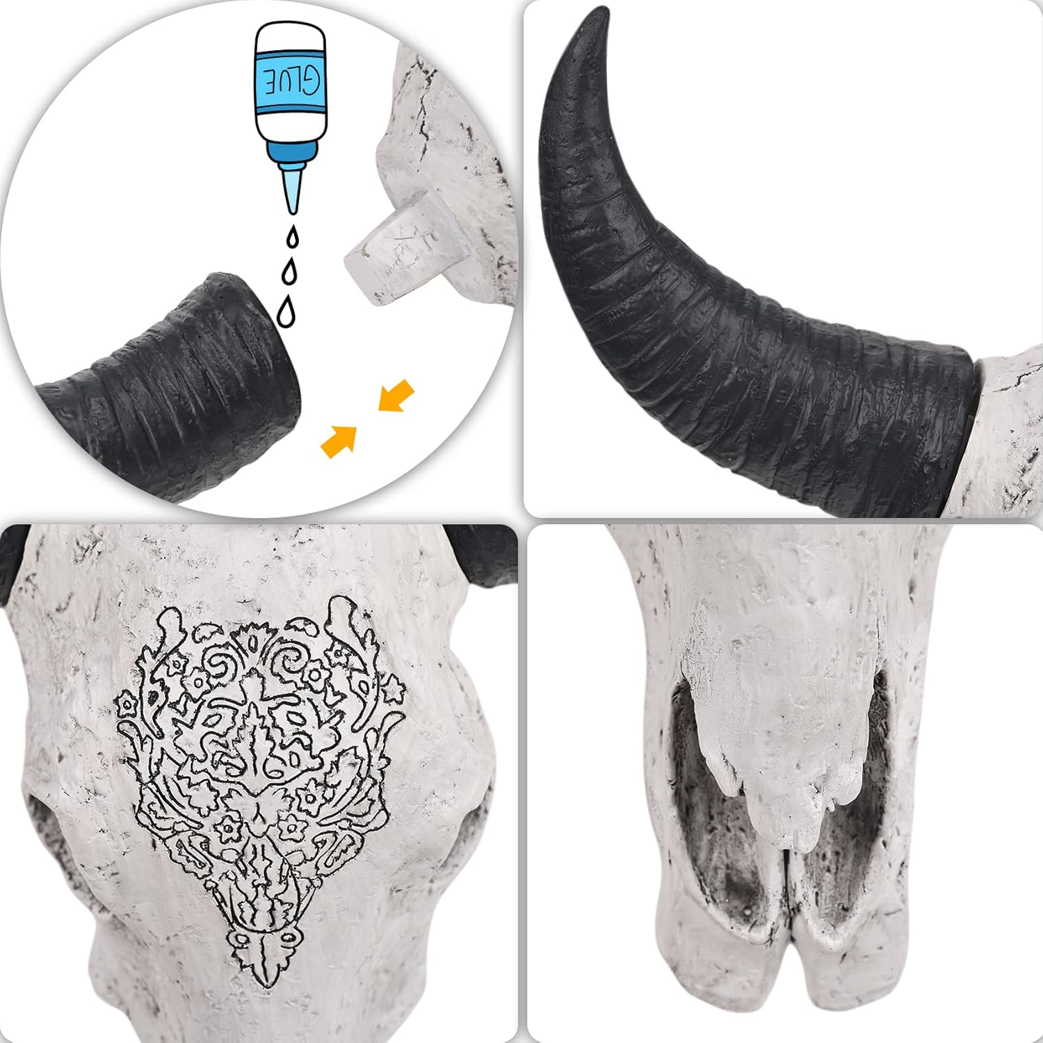 XINGYAN Resin Bull Head Ox Skull Head Wall Decor Longhorn Skull Sculptures Plaque Art Crafts Ornaments Horns Statue Hanging Art for Home Decoration (Model A) - Grand Goldman