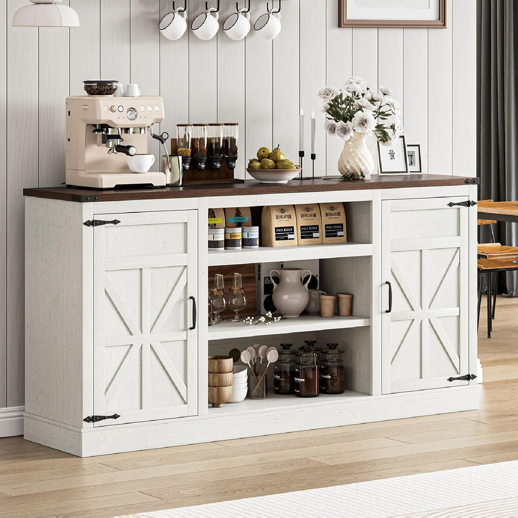 XVD 66" Farmhouse Coffee Bar Cabinet with Charging Station, Sideboard Buffet Cabinet with Large Storage, Wood Buffet Storage Cabinet with Adjustable Shelves for Kitchen, Living Room, Rustic White - Grand Goldman