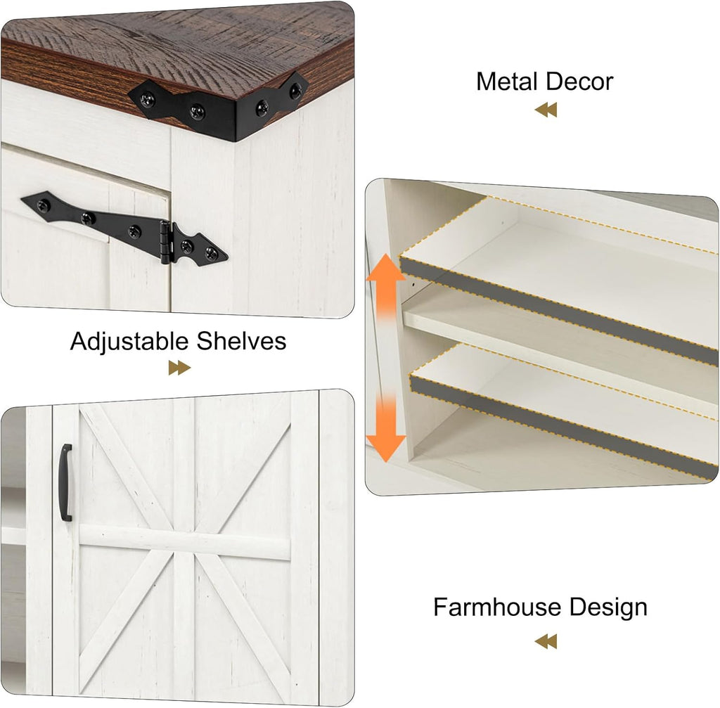 XVD 66" Farmhouse Coffee Bar Cabinet with Charging Station, Sideboard Buffet Cabinet with Large Storage, Wood Buffet Storage Cabinet with Adjustable Shelves for Kitchen, Living Room, Rustic White - Grand Goldman