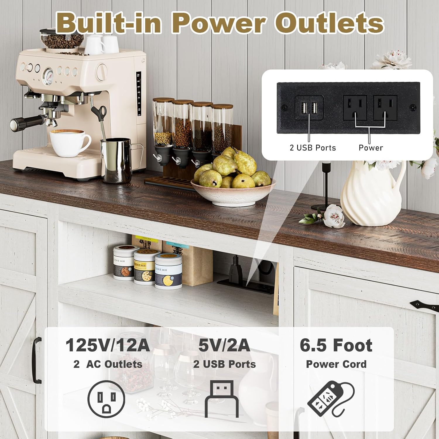 XVD 66" Farmhouse Coffee Bar Cabinet with Charging Station, Sideboard Buffet Cabinet with Large Storage, Wood Buffet Storage Cabinet with Adjustable Shelves for Kitchen, Living Room, Rustic White - Grand Goldman