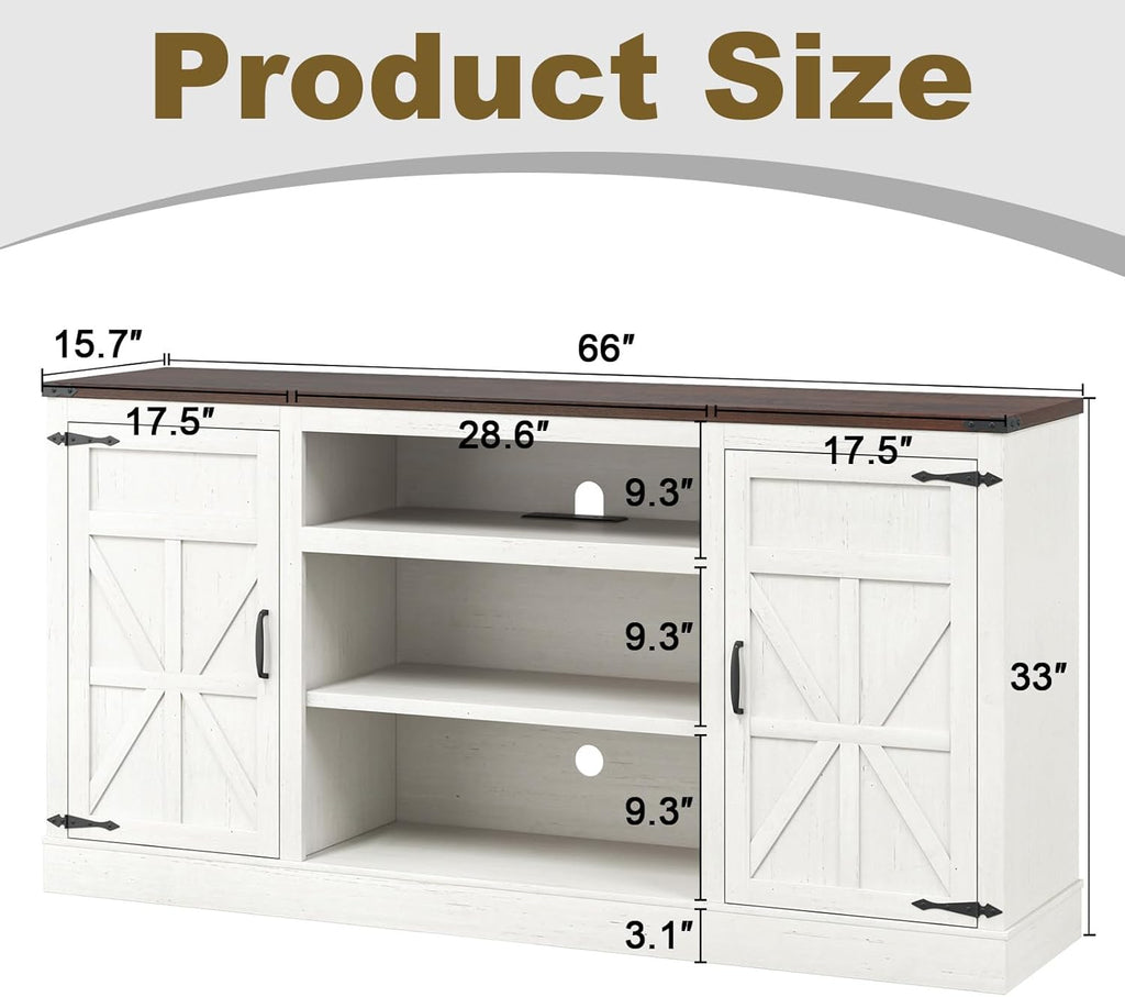 XVD 66" Farmhouse Coffee Bar Cabinet with Charging Station, Sideboard Buffet Cabinet with Large Storage, Wood Buffet Storage Cabinet with Adjustable Shelves for Kitchen, Living Room, Rustic White - Grand Goldman