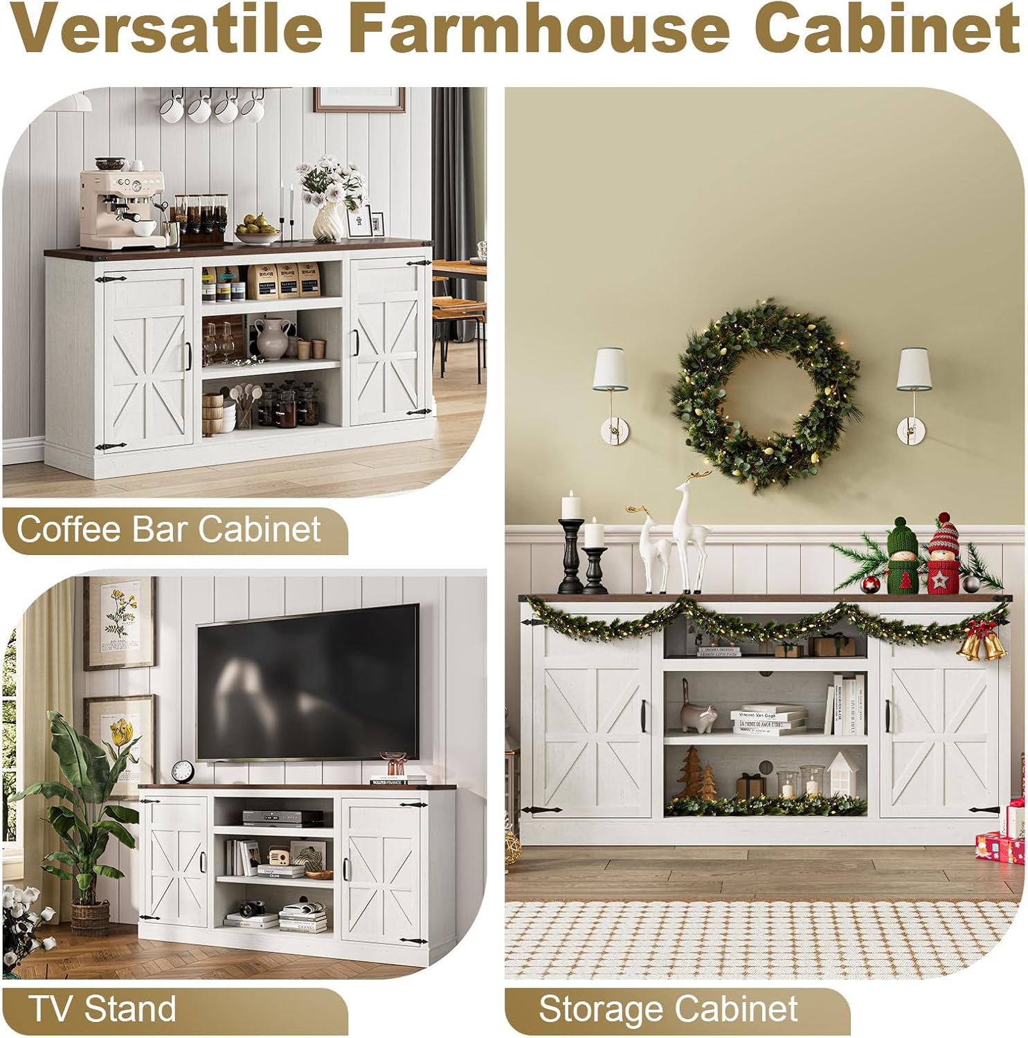 XVD 66" Farmhouse Coffee Bar Cabinet with Charging Station, Sideboard Buffet Cabinet with Large Storage, Wood Buffet Storage Cabinet with Adjustable Shelves for Kitchen, Living Room, Rustic White - Grand Goldman