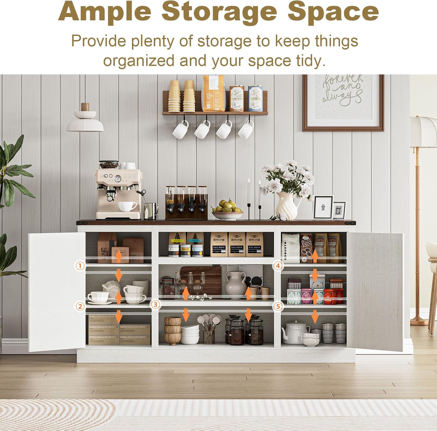 XVD 66" Farmhouse Coffee Bar Cabinet with Charging Station, Sideboard Buffet Cabinet with Large Storage, Wood Buffet Storage Cabinet with Adjustable Shelves for Kitchen, Living Room, Rustic White - Grand Goldman