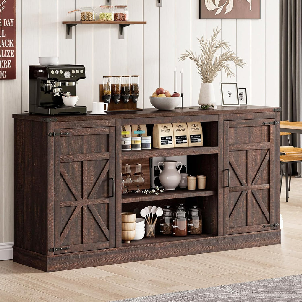 XVD 66" Farmhouse Coffee Bar Cabinet with Charging Station, Sideboard Buffet Cabinet with Large Storage, Wood Buffet Storage Cabinet with Adjustable Shelves for Kitchen, Living Room, Rustic White - Grand Goldman
