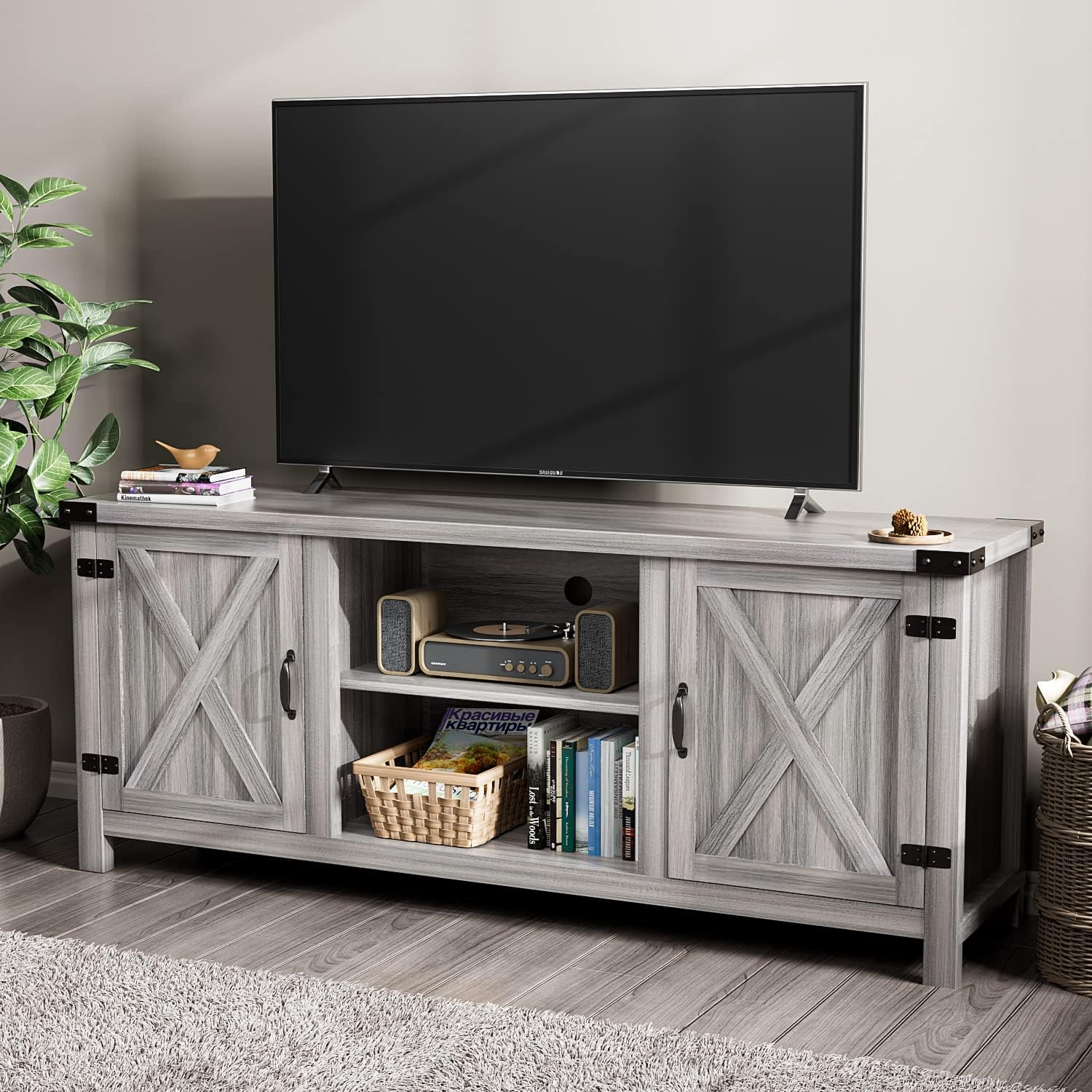 YESHOMY Modern Farmhouse TV Stand with Two Barn Doors and Storage Cabinets for Televisions up to 65+ Inch, Entertainment Center Console Table, Media Furniture for Living Room, 58 Inch, Gray Wash - Grand Goldman