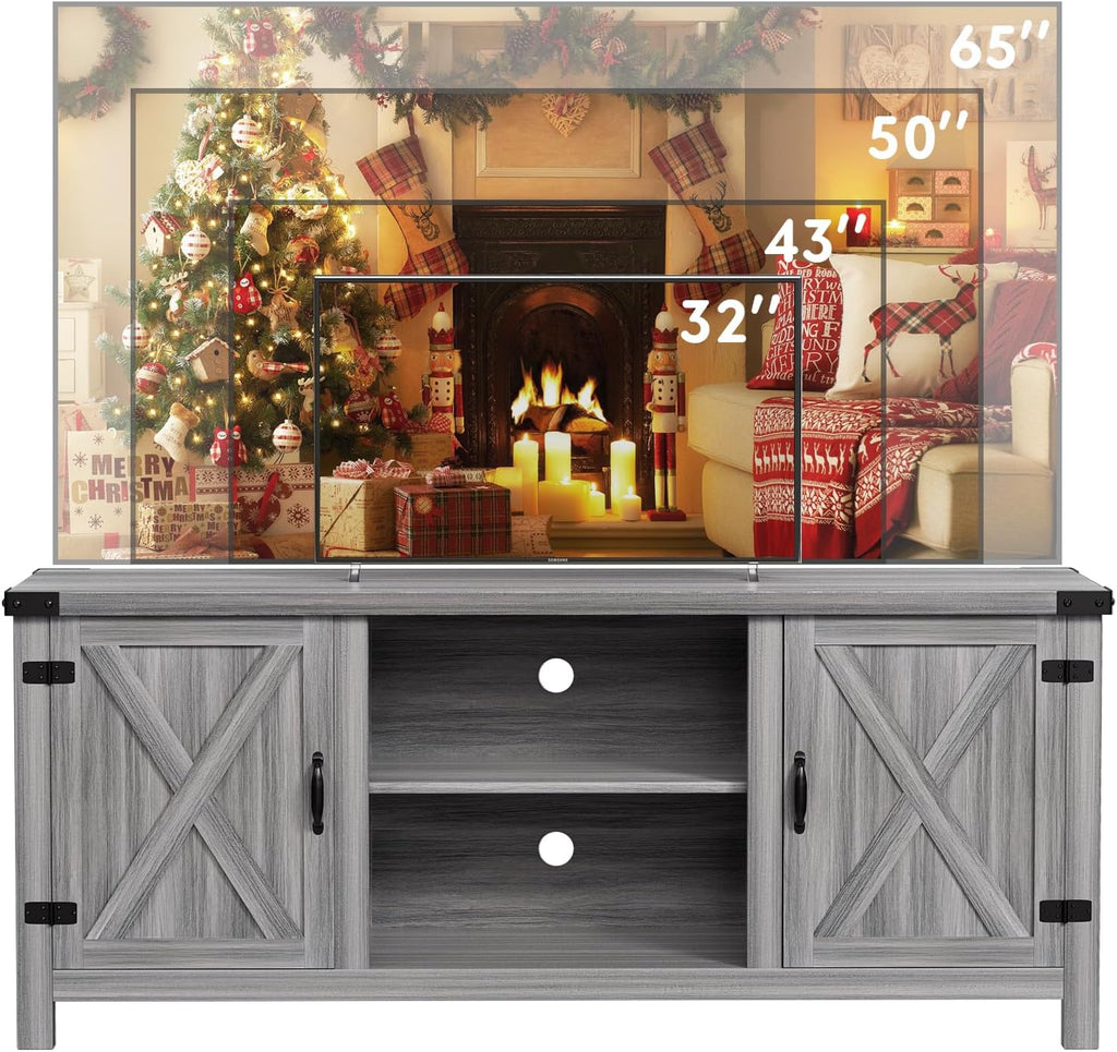 YESHOMY Modern Farmhouse TV Stand with Two Barn Doors and Storage Cabinets for Televisions up to 65+ Inch, Entertainment Center Console Table, Media Furniture for Living Room, 58 Inch, Gray Wash - Grand Goldman