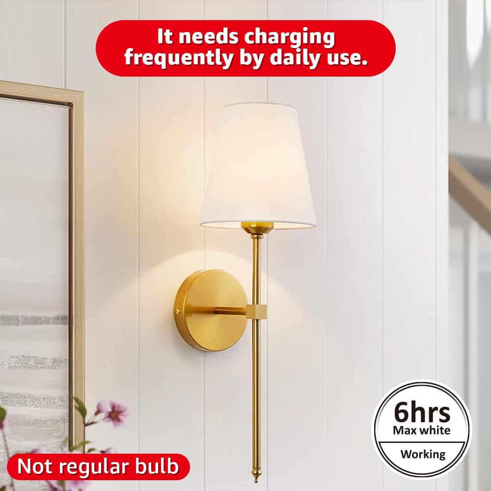 YESIE Battery Operated Wall Sconce Set of Two,Remote Control,Soft Warm 2700K-6000K,No Flicker,50W Equivalent Lamp,450Lumens,Detachable Charging,Picture Light,Dimmable,White Shade,Non Hardwired(Gold) - Grand Goldman
