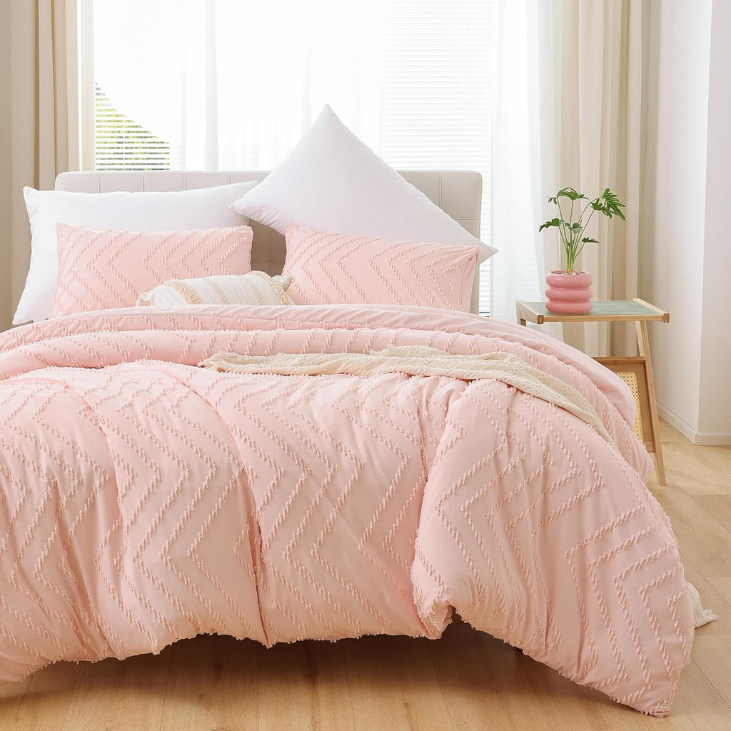 YIRDDEO Pink Full Size Comforter Set 3Pcs, Boho Blush Full Comforter Set Farmhouse Full Size Bedding Set, Vertical Tufted Full Bed Set, Lightweight Neutral Full Bedroom Set (1 Comforter 2 Pillowcase) - Grand Goldman