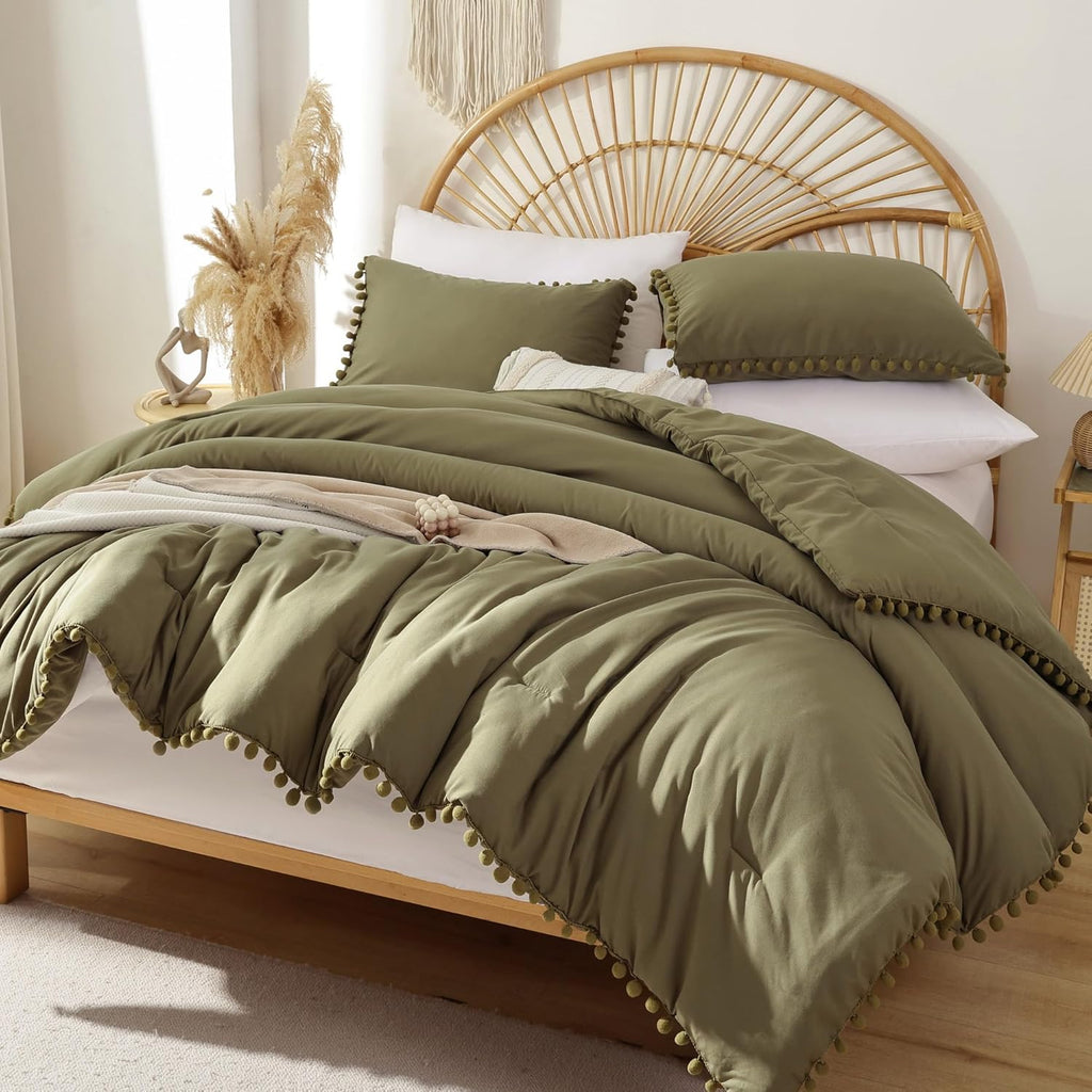 YIRDDEO Queen Comforter Set - Comforter Queen Size Sets with Ball Pom Fringe, Soft Bedding Set for All Seasons - 3 Pieces, 1 Comforter (90"x90") & 2 Pillow Shams (20"x26"), Sage Green - Grand Goldman
