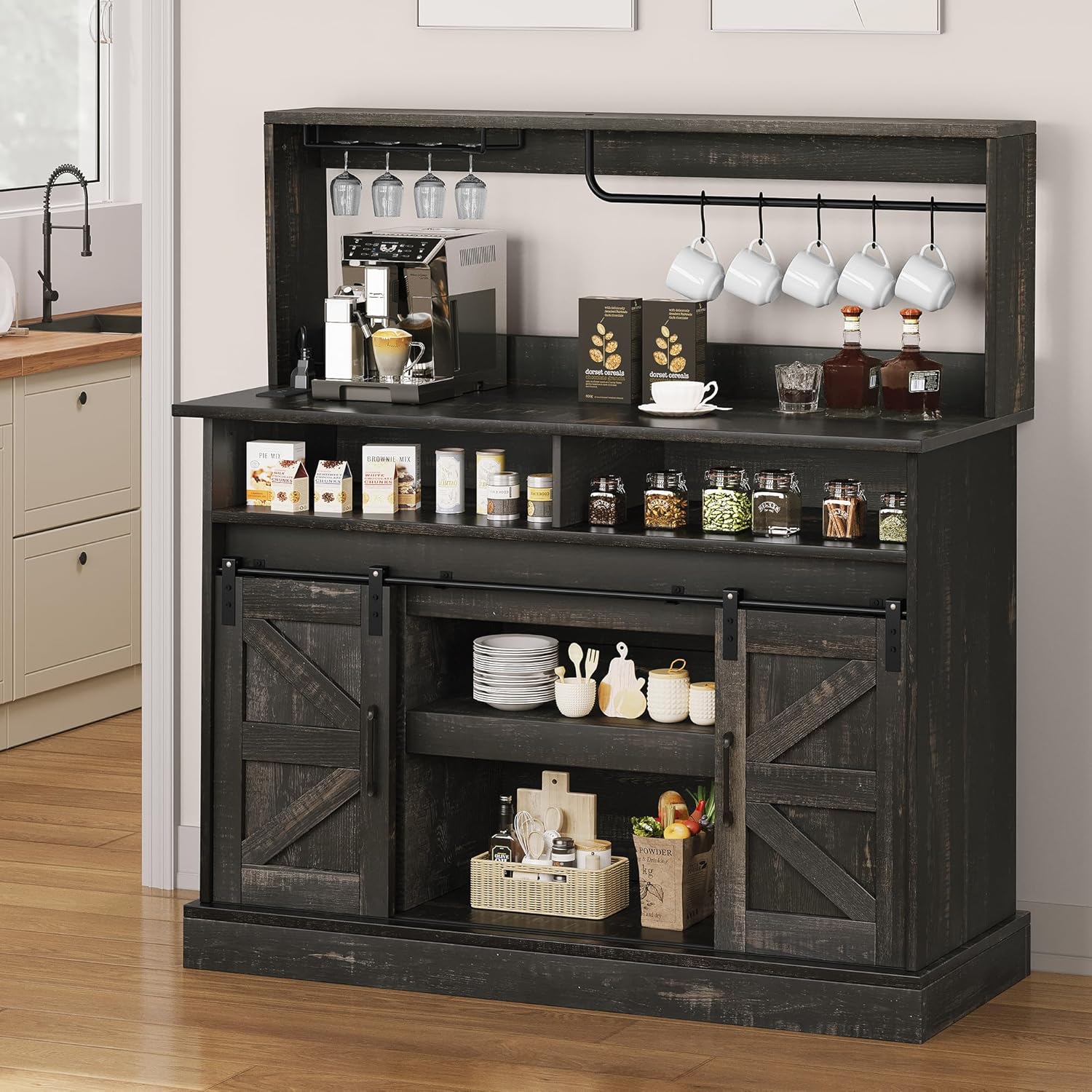 YITAHOME 47" Farmhouse Buffet Cabinets with Sliding Barn Door, Coffee Bar with Goblet Holder & Power Outlet, Sideboard Buffet Cabinets with Storage for Kitchen, Living Room (Black Oak) - Grand Goldman
