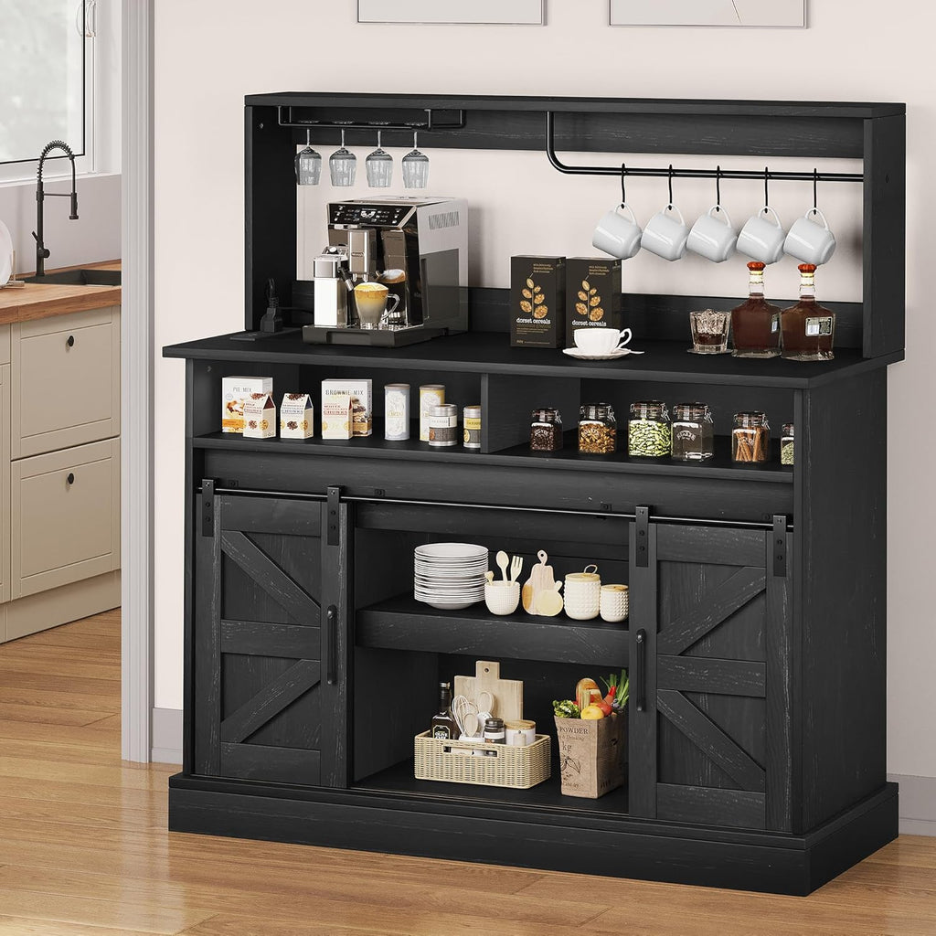 YITAHOME 47" Farmhouse Buffet Cabinets with Sliding Barn Door, Coffee Bar with Goblet Holder & Power Outlet, Sideboard Buffet Cabinets with Storage for Kitchen, Living Room (Black Oak) - Grand Goldman