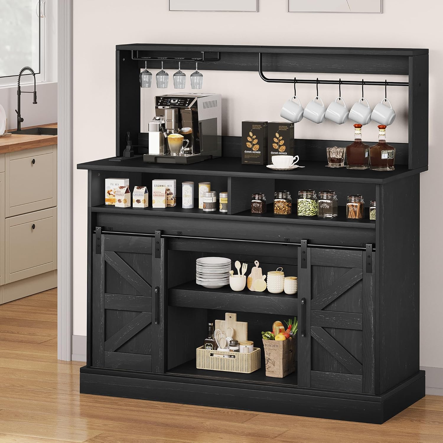YITAHOME 47" Farmhouse Buffet Cabinets with Sliding Barn Door, Coffee Bar with Goblet Holder & Power Outlet, Sideboard Buffet Cabinets with Storage for Kitchen, Living Room (Black Oak) - Grand Goldman