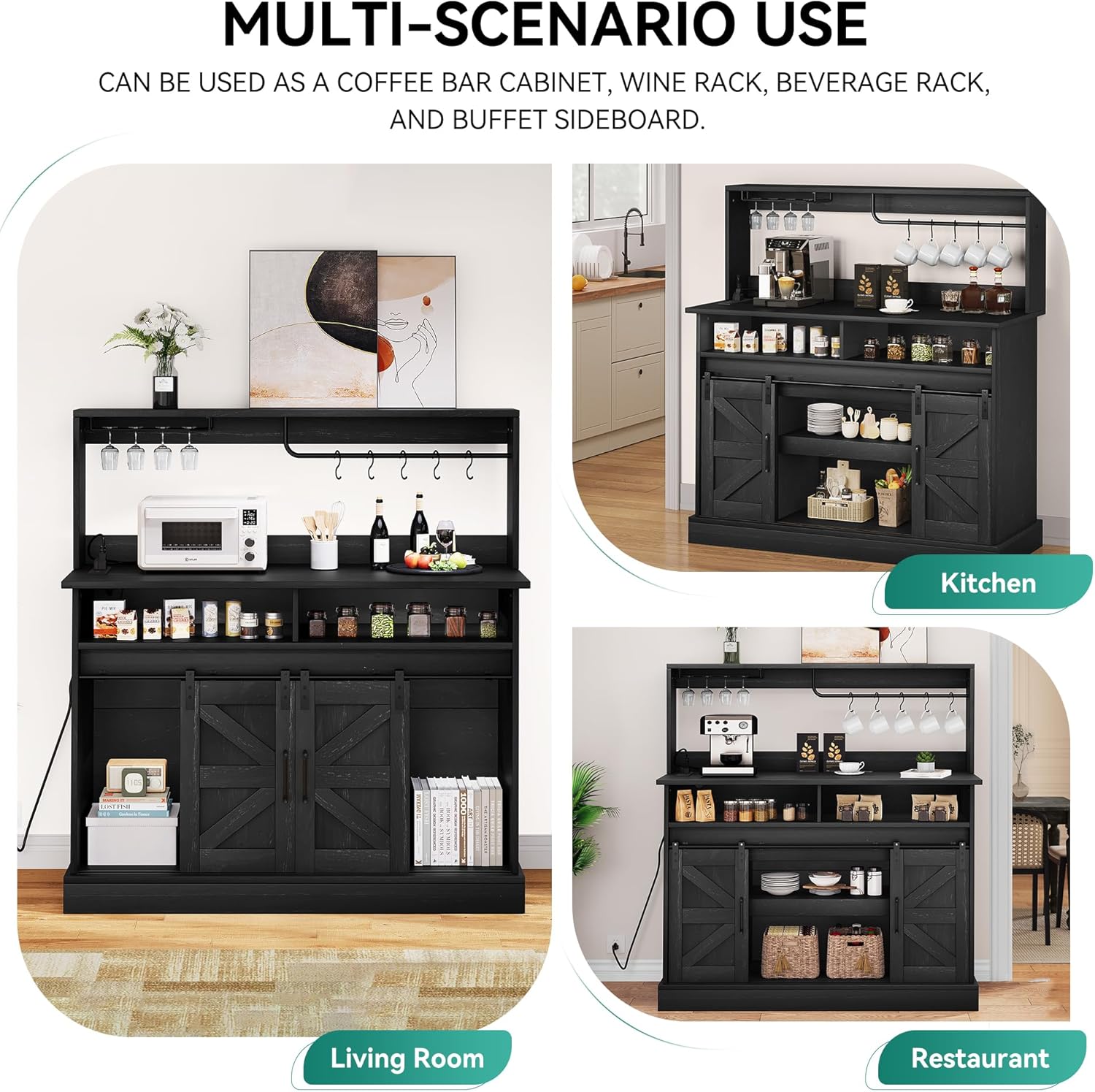 YITAHOME 47" Farmhouse Buffet Cabinets with Sliding Barn Door, Coffee Bar with Goblet Holder & Power Outlet, Sideboard Buffet Cabinets with Storage for Kitchen, Living Room (Black Oak) - Grand Goldman