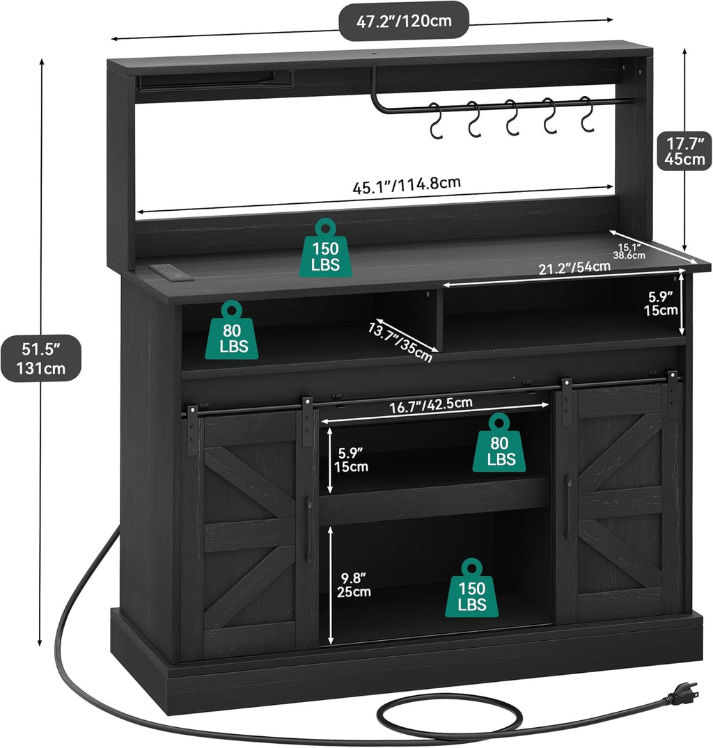 YITAHOME 47" Farmhouse Buffet Cabinets with Sliding Barn Door, Coffee Bar with Goblet Holder & Power Outlet, Sideboard Buffet Cabinets with Storage for Kitchen, Living Room (Black Oak) - Grand Goldman