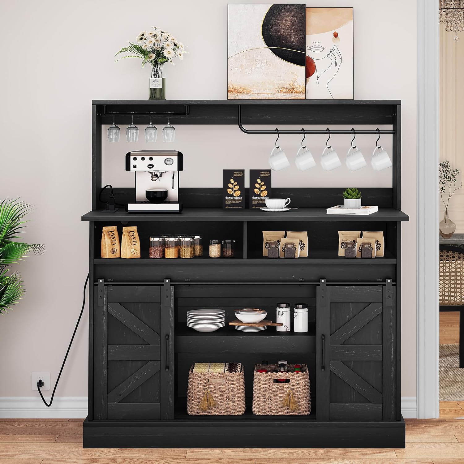 YITAHOME 47" Farmhouse Buffet Cabinets with Sliding Barn Door, Coffee Bar with Goblet Holder & Power Outlet, Sideboard Buffet Cabinets with Storage for Kitchen, Living Room (Black Oak) - Grand Goldman