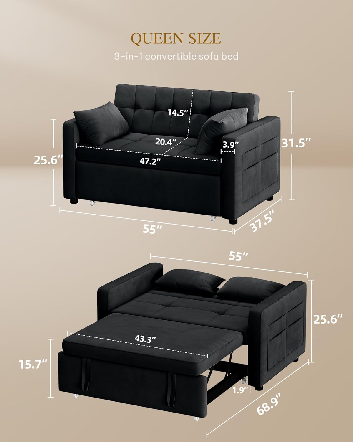 YITAHOME 55" Convertible Sofa Bed, Velvet Sleeper Sofa with Pull-Out Bed, 3-in-1 Futon Couch with Reclining Backrest and Side Pocket, Modern Loveseat for Living Room, Black, Full Size - Grand Goldman