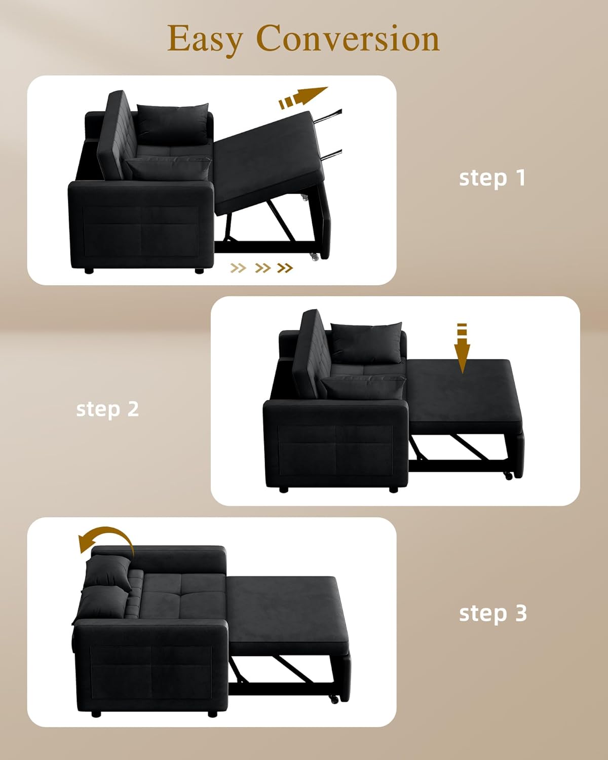 YITAHOME 55" Convertible Sofa Bed, Velvet Sleeper Sofa with Pull-Out Bed, 3-in-1 Futon Couch with Reclining Backrest and Side Pocket, Modern Loveseat for Living Room, Black, Full Size - Grand Goldman