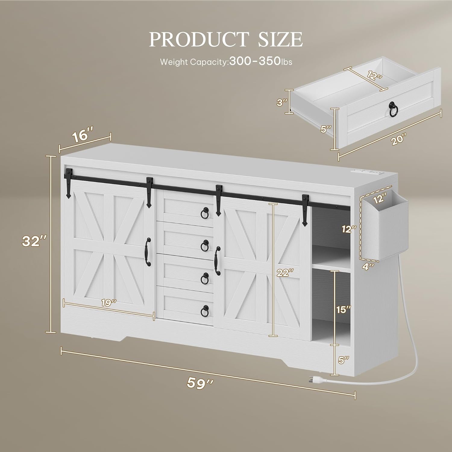 YITAHOME 60" Farmhouse Large Buffet Sideboard, Buffet Cabinet with 2 Barn Doors and 4 Drawers, High Buffet Table Coffee Bar Storage Cabinet Wine Bar for Dining Room, Living Room, 32" in Height, White - Grand Goldman