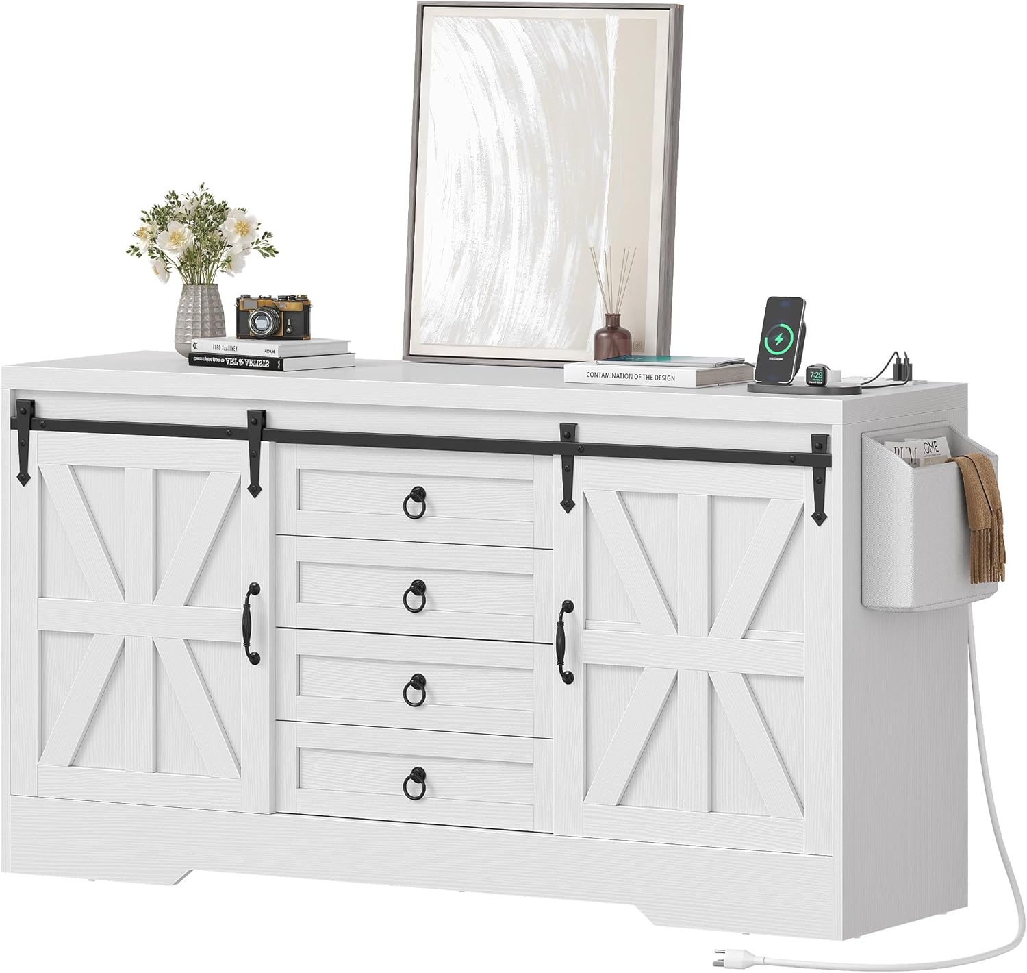 YITAHOME 60" Farmhouse Large Buffet Sideboard, Buffet Cabinet with 2 Barn Doors and 4 Drawers, High Buffet Table Coffee Bar Storage Cabinet Wine Bar for Dining Room, Living Room, 32" in Height, White - Grand Goldman