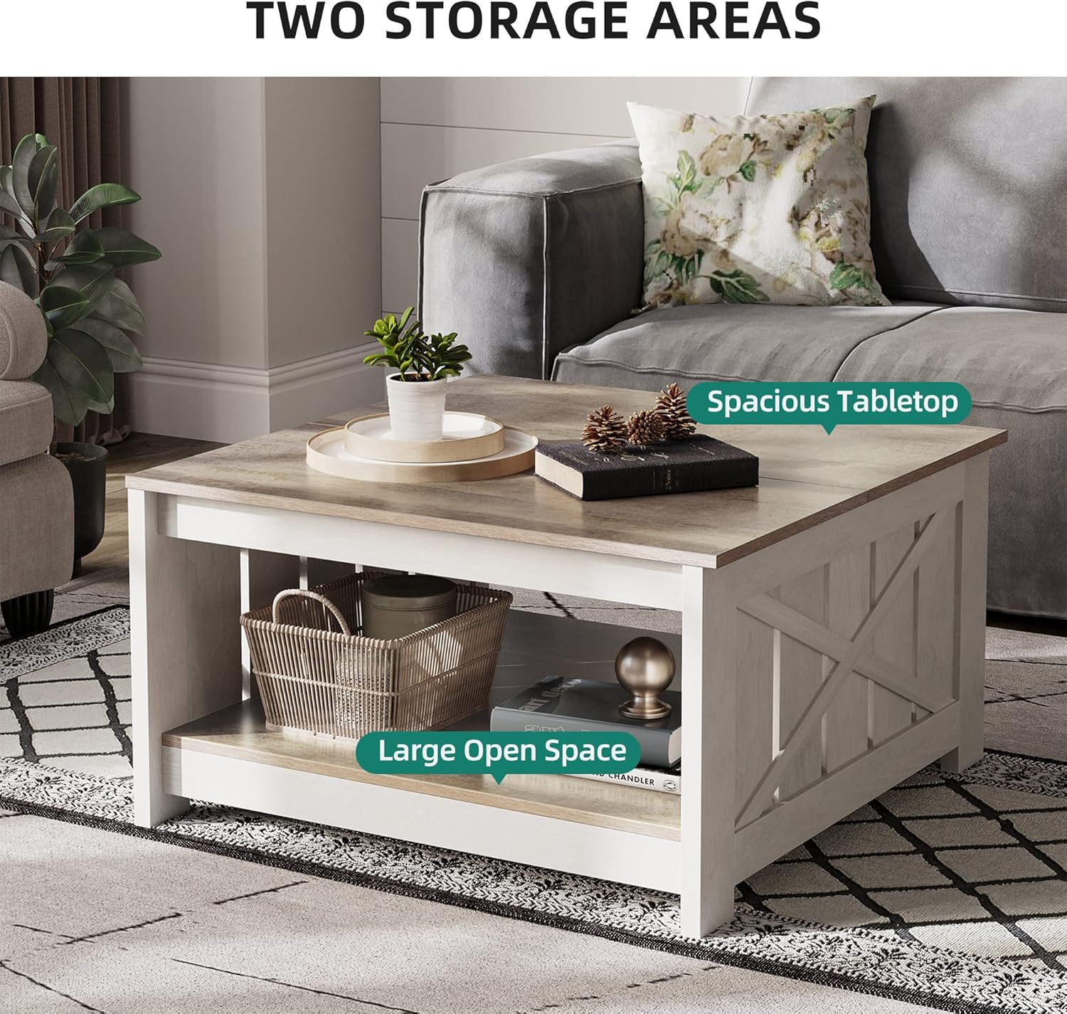 YITAHOME Coffee Table Farmhouse Coffee Table with Storage Rustic Wood Cocktail Table,Square Coffee Table for Living Meeting Room with Half Open Storage Compartment,Grey Wash - Grand Goldman