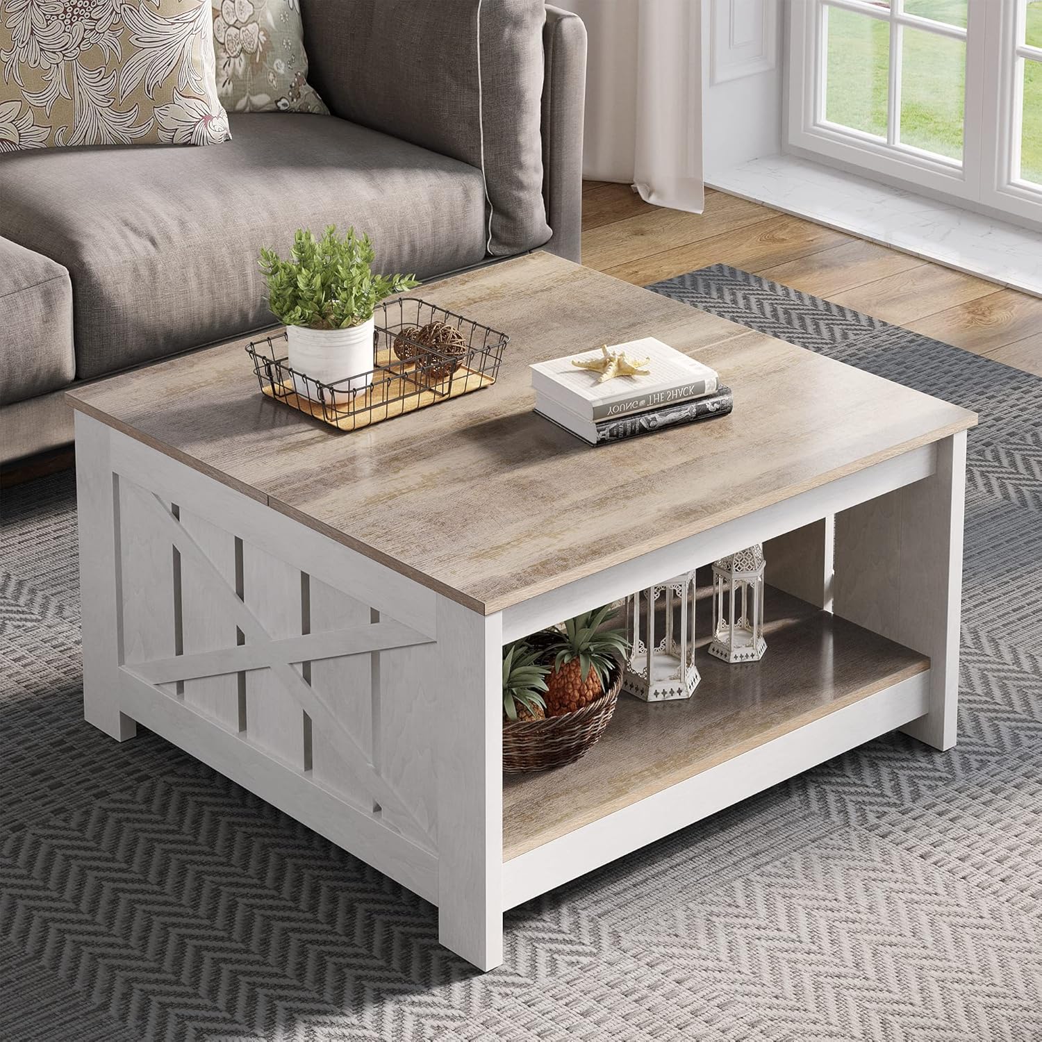 YITAHOME Coffee Table Farmhouse Coffee Table with Storage Rustic Wood Cocktail Table,Square Coffee Table for Living Meeting Room with Half Open Storage Compartment,Grey Wash - Grand Goldman