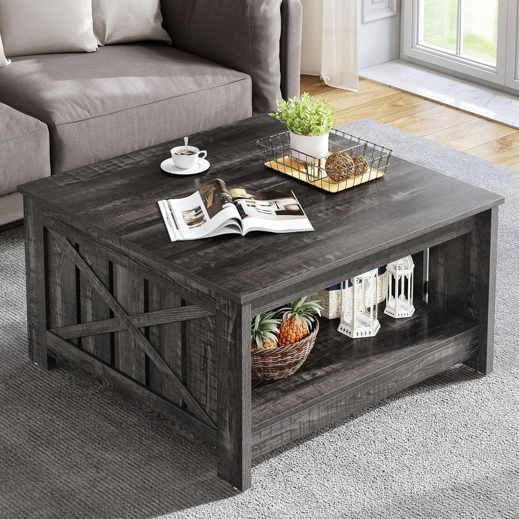 YITAHOME Coffee Table Farmhouse Coffee Table with Storage Rustic Wood Cocktail Table,Square Coffee Table for Living Meeting Room with Half Open Storage Compartment,Grey Wash - Grand Goldman