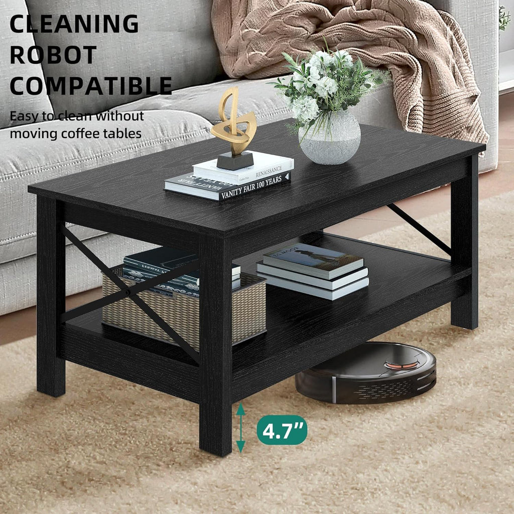 YITAHOME Coffee Table for Living Room,Modern Farmhouse Coffee Table with Storage,2-Tier Center Table for Living Room Wood Living Room Table Accent Cocktail with Sturdy Frame,Black - Grand Goldman