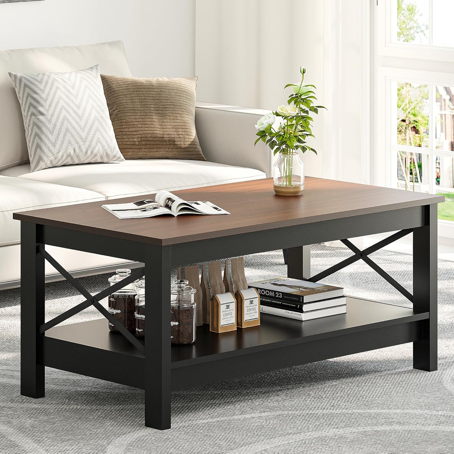 YITAHOME Coffee Table for Living Room,Modern Farmhouse Coffee Table with Storage,2-Tier Center Table for Living Room Wood Living Room Table Accent Cocktail with Sturdy Frame,Black - Grand Goldman