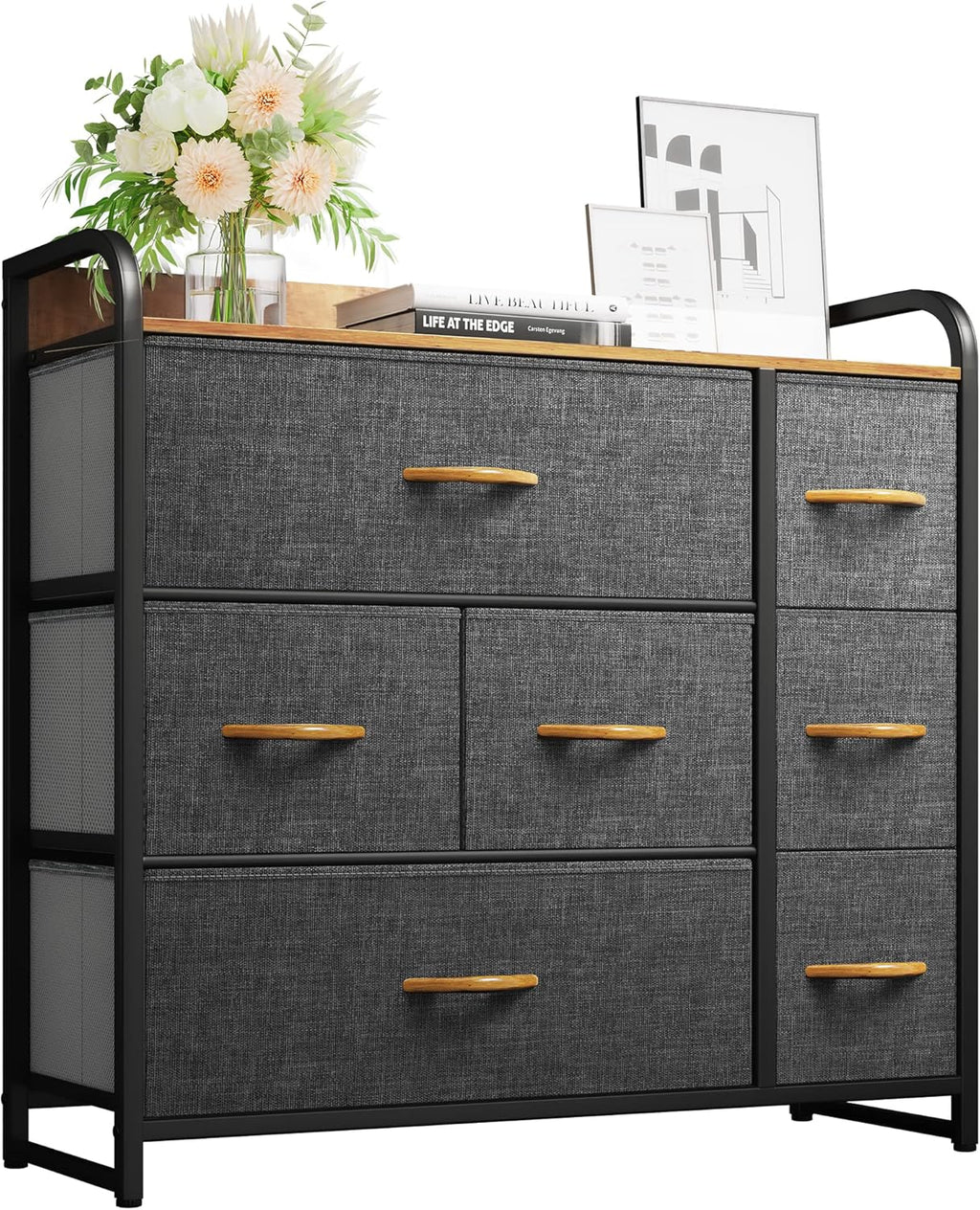 YITAHOME Fabric Dresser with 7 Drawers - Storage Tower with Large Capacity, Organizer Unit for Living Room - Sturdy Steel Frame, Easy Pull Fabric Bins & Wooden Top (Black/Grey) - Grand Goldman