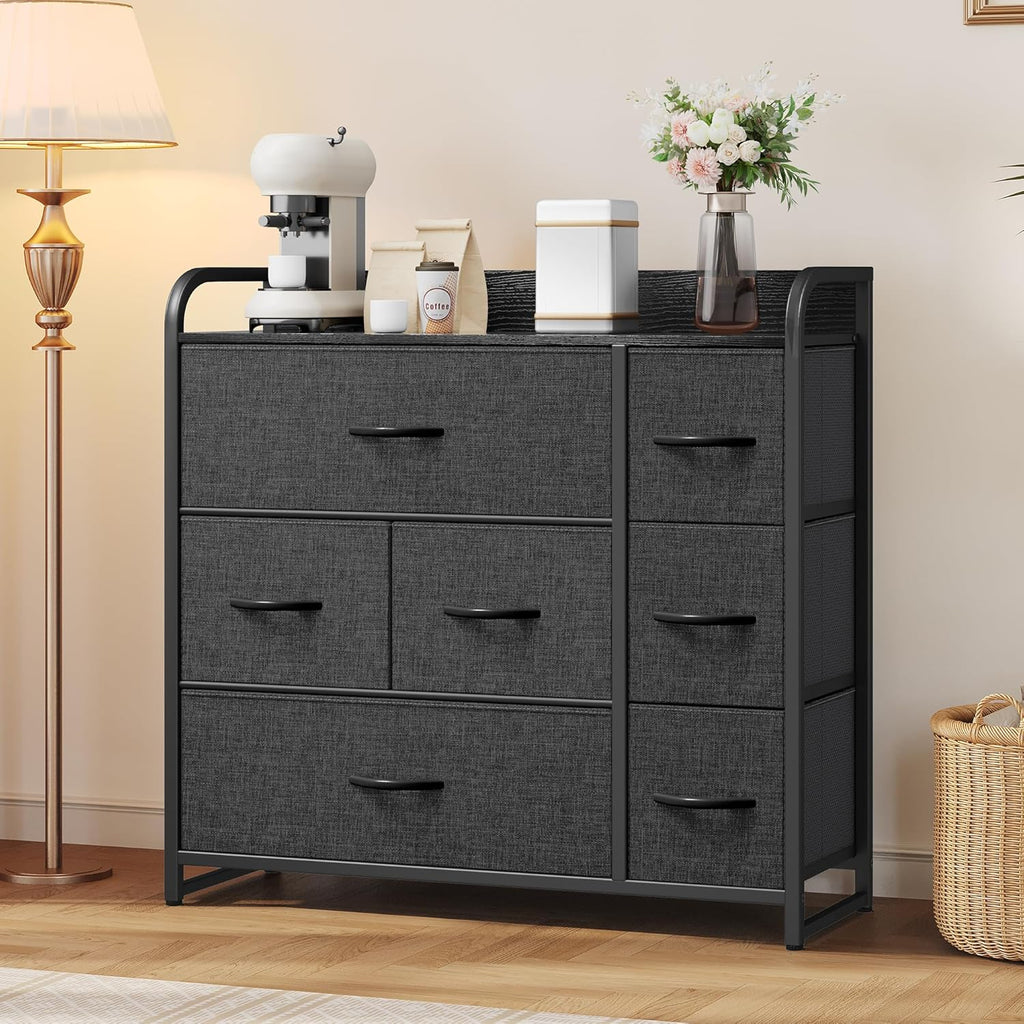 YITAHOME Fabric Dresser with 7 Drawers - Storage Tower with Large Capacity, Organizer Unit for Living Room - Sturdy Steel Frame, Easy Pull Fabric Bins & Wooden Top (Black/Grey) - Grand Goldman