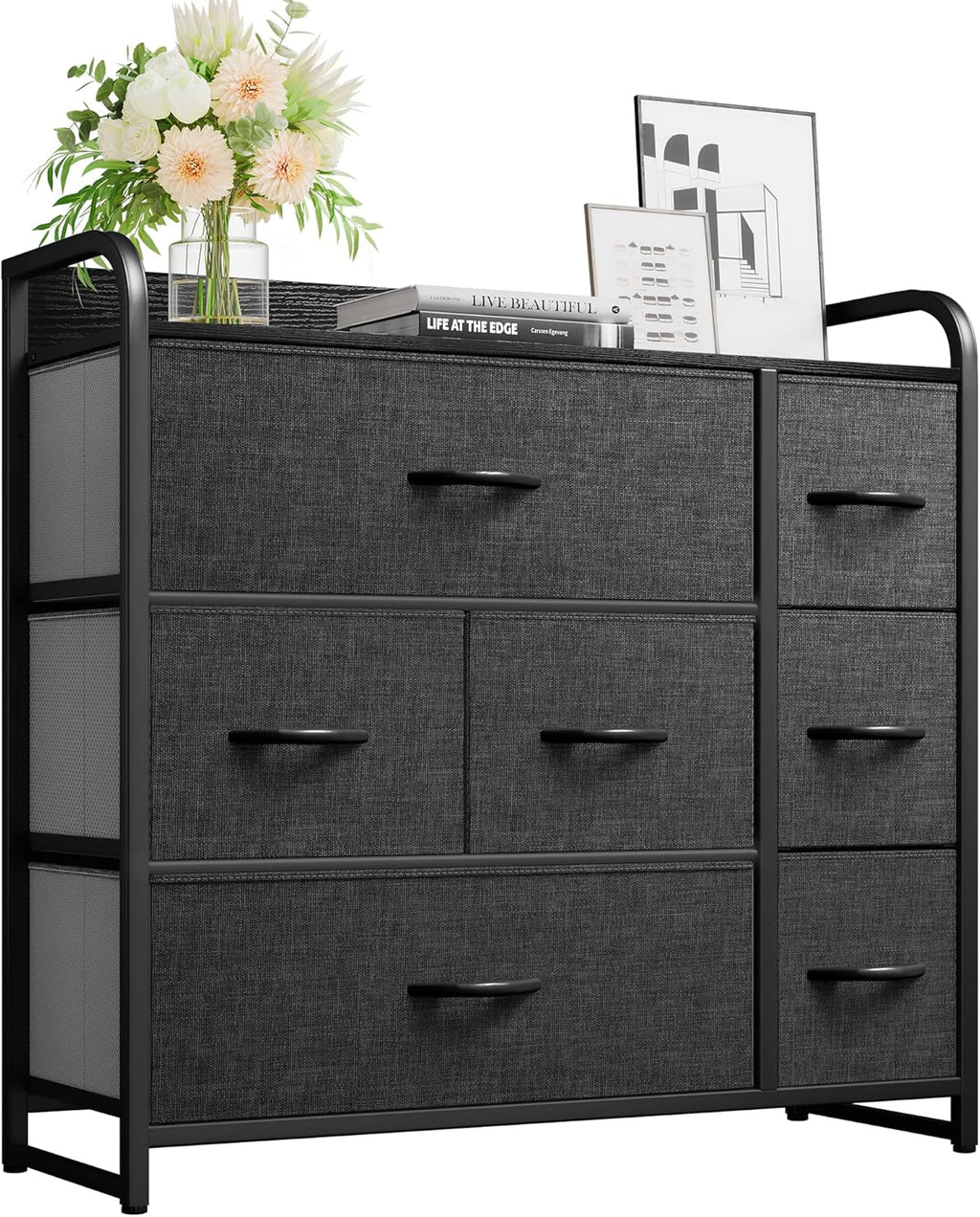 YITAHOME Fabric Dresser with 7 Drawers - Storage Tower with Large Capacity, Organizer Unit for Living Room - Sturdy Steel Frame, Easy Pull Fabric Bins & Wooden Top (Black/Grey) - Grand Goldman