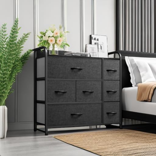 YITAHOME Fabric Dresser with 7 Drawers - Storage Tower with Large Capacity, Organizer Unit for Living Room - Sturdy Steel Frame, Easy Pull Fabric Bins & Wooden Top (Black/Grey) - Grand Goldman