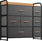 YITAHOME Fabric Dresser with 7 Drawers - Storage Tower with Large Capacity, Organizer Unit for Living Room - Sturdy Steel Frame, Easy Pull Fabric Bins & Wooden Top (Black/Grey) - Grand Goldman