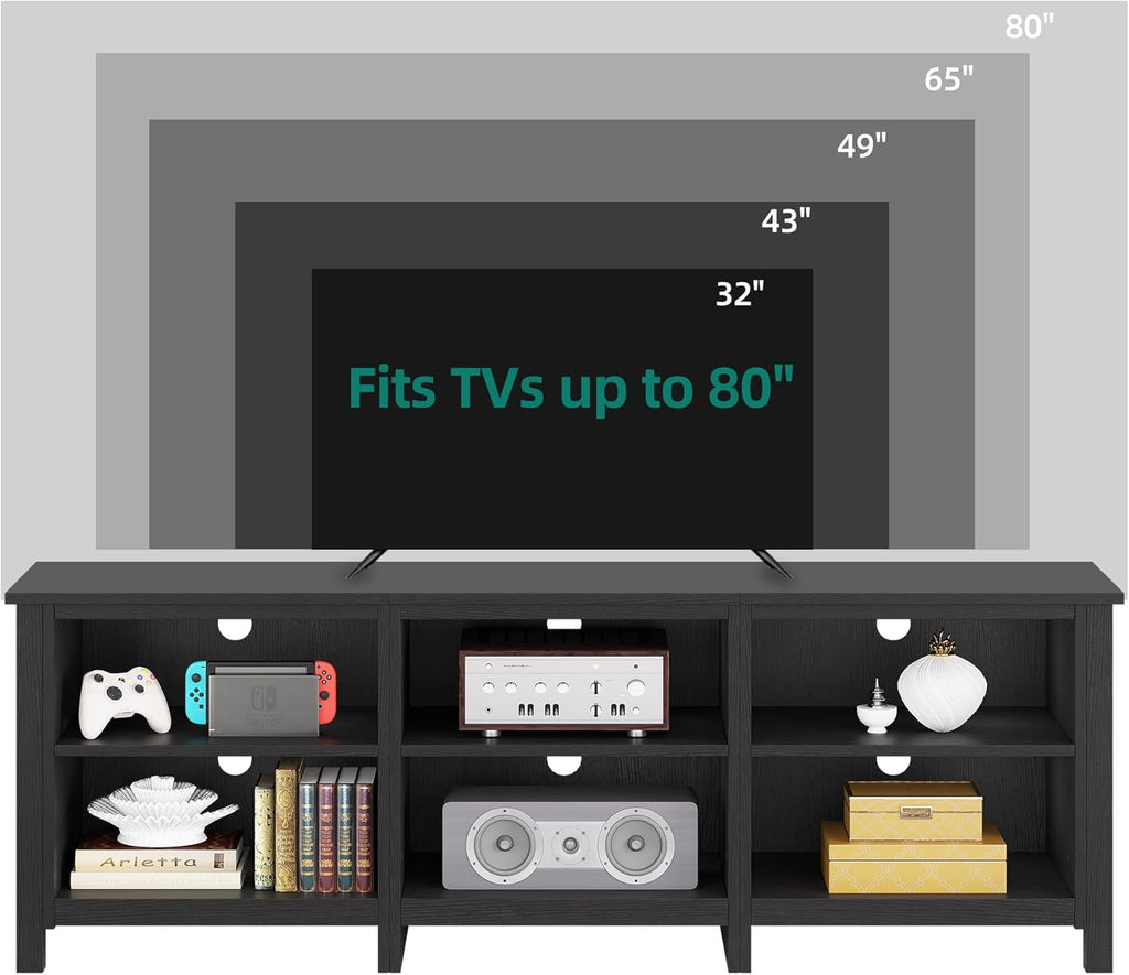 YITAHOME Modern TV Stand for TV up to 80/75/70/65 Inch, Classic Detachable 6 Cubby Media Entertainment Center Console Table with 6 Open Storage Shelves & Cabinets for Living Room, 69'', Black - Grand Goldman