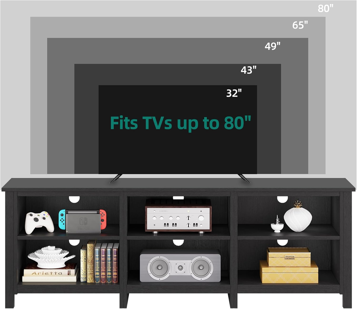 YITAHOME Modern TV Stand for TV up to 80/75/70/65 Inch, Classic Detachable 6 Cubby Media Entertainment Center Console Table with 6 Open Storage Shelves & Cabinets for Living Room, 69'', Black - Grand Goldman