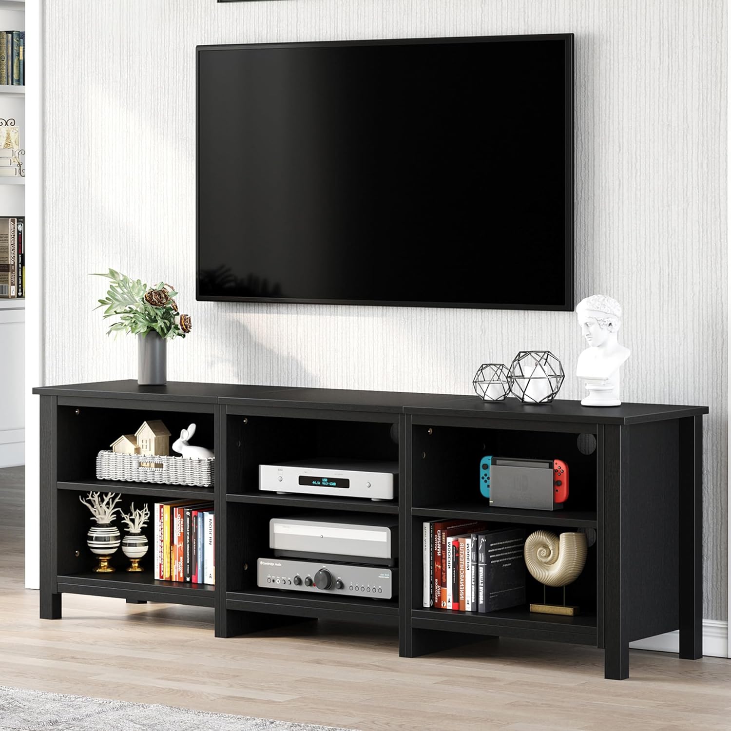 YITAHOME Modern TV Stand for TV up to 80/75/70/65 Inch, Classic Detachable 6 Cubby Media Entertainment Center Console Table with 6 Open Storage Shelves & Cabinets for Living Room, 69'', Black - Grand Goldman