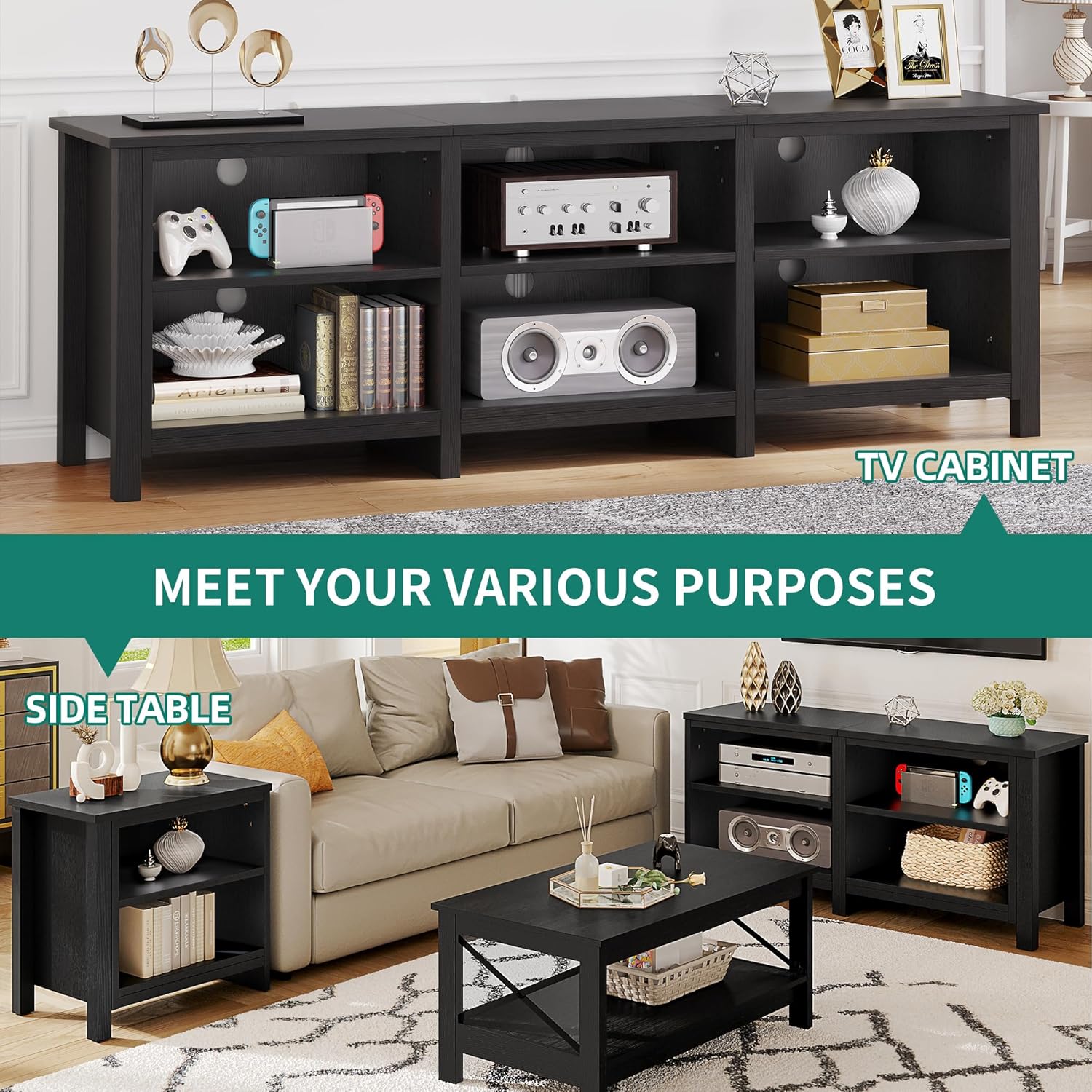 YITAHOME Modern TV Stand for TV up to 80/75/70/65 Inch, Classic Detachable 6 Cubby Media Entertainment Center Console Table with 6 Open Storage Shelves & Cabinets for Living Room, 69'', Black - Grand Goldman