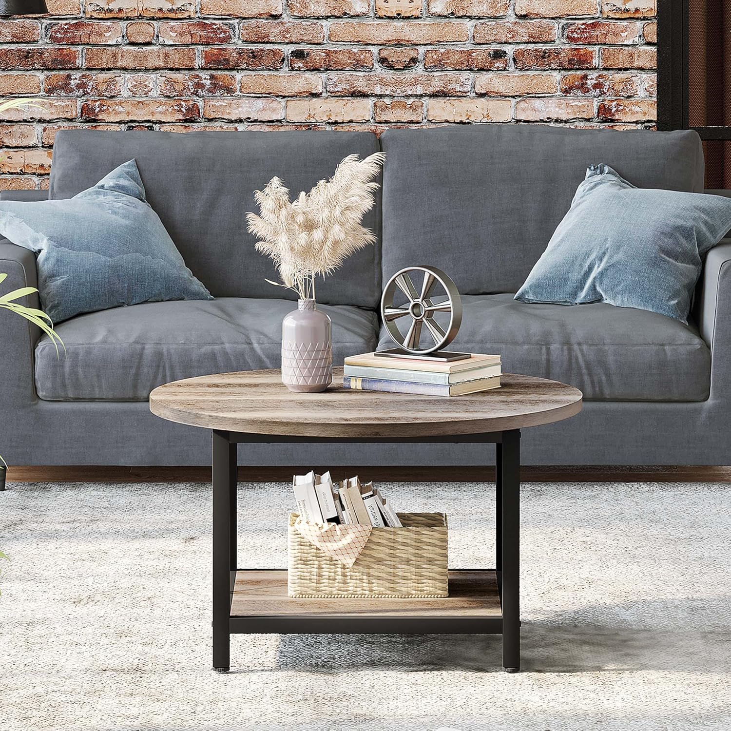 YITAHOME Round Coffee Table,Rustic Wood Coffee Tables for Living Room with Storage Shelf, Modern Farmhouse Circle Coffee Table Center with Sturdy Metal Legs Home Furniture, Grey Wash - Grand Goldman