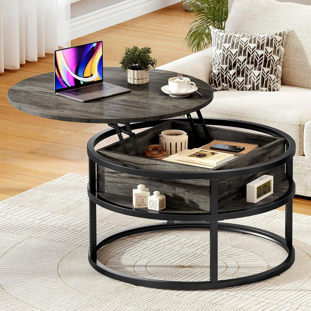 YITAHOME Round Lift Top Coffee Table, Coffee Tables for Living Room with Hidden Storage Compartment, Modern Coffee Table with Storage for Home Office,Round Center Tables Living Room,White and Gold - Grand Goldman