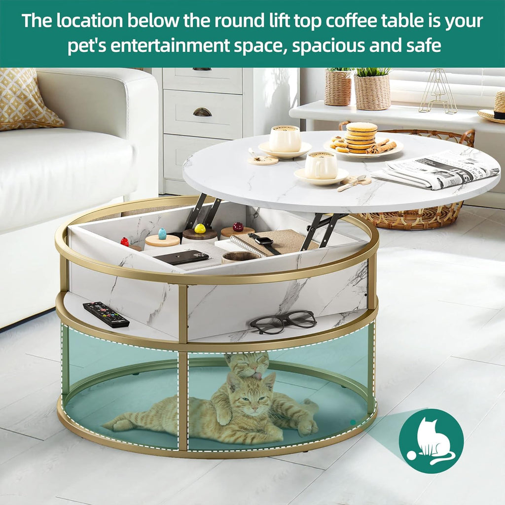 YITAHOME Round Lift Top Coffee Table, Coffee Tables for Living Room with Hidden Storage Compartment, Modern Coffee Table with Storage for Home Office,Round Center Tables Living Room,White and Gold - Grand Goldman