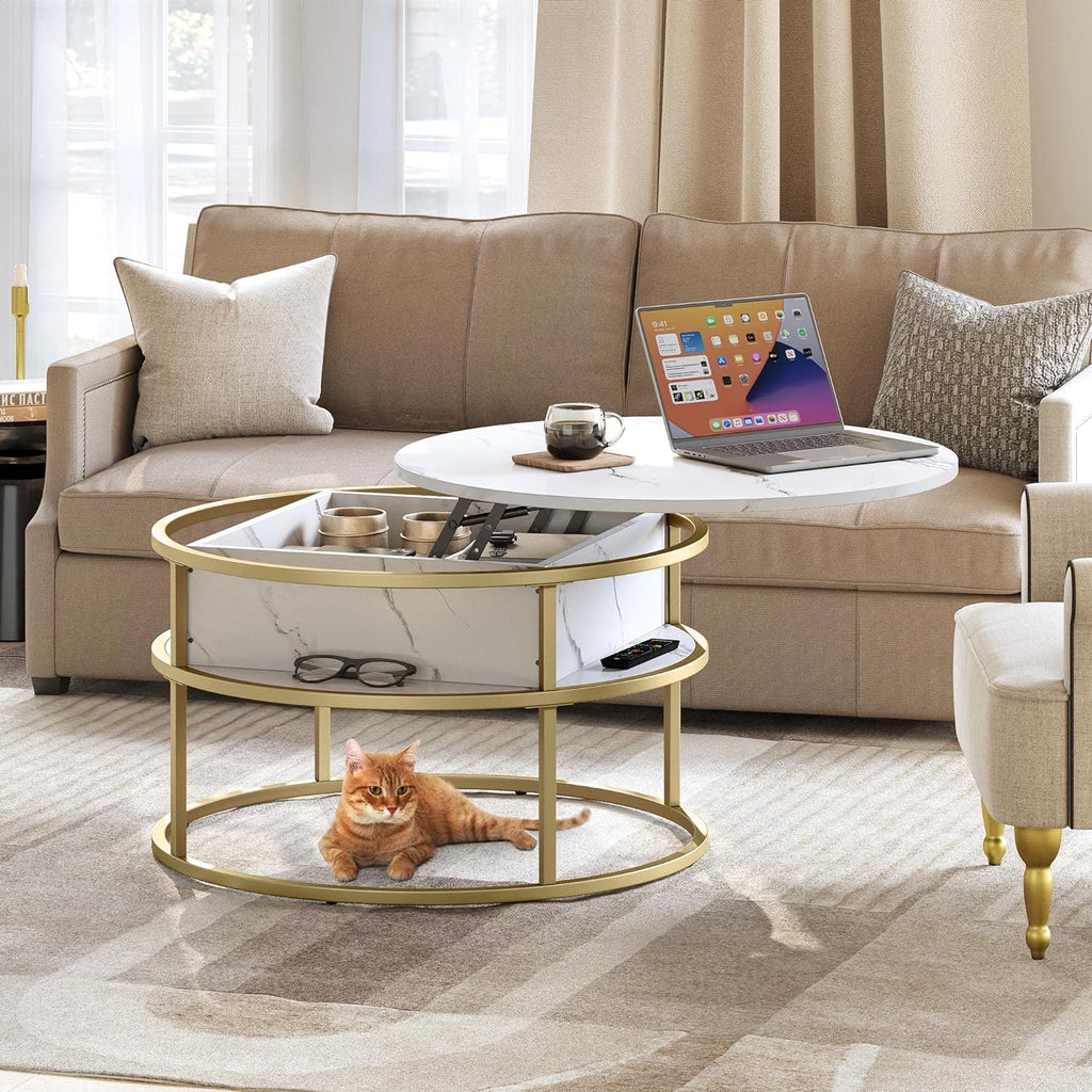 YITAHOME Round Lift Top Coffee Table, Coffee Tables for Living Room with Hidden Storage Compartment, Modern Coffee Table with Storage for Home Office,Round Center Tables Living Room,White and Gold - Grand Goldman