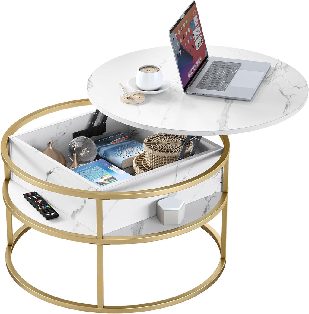 YITAHOME Round Lift Top Coffee Table, Coffee Tables for Living Room with Hidden Storage Compartment, Modern Coffee Table with Storage for Home Office,Round Center Tables Living Room,White and Gold - Grand Goldman